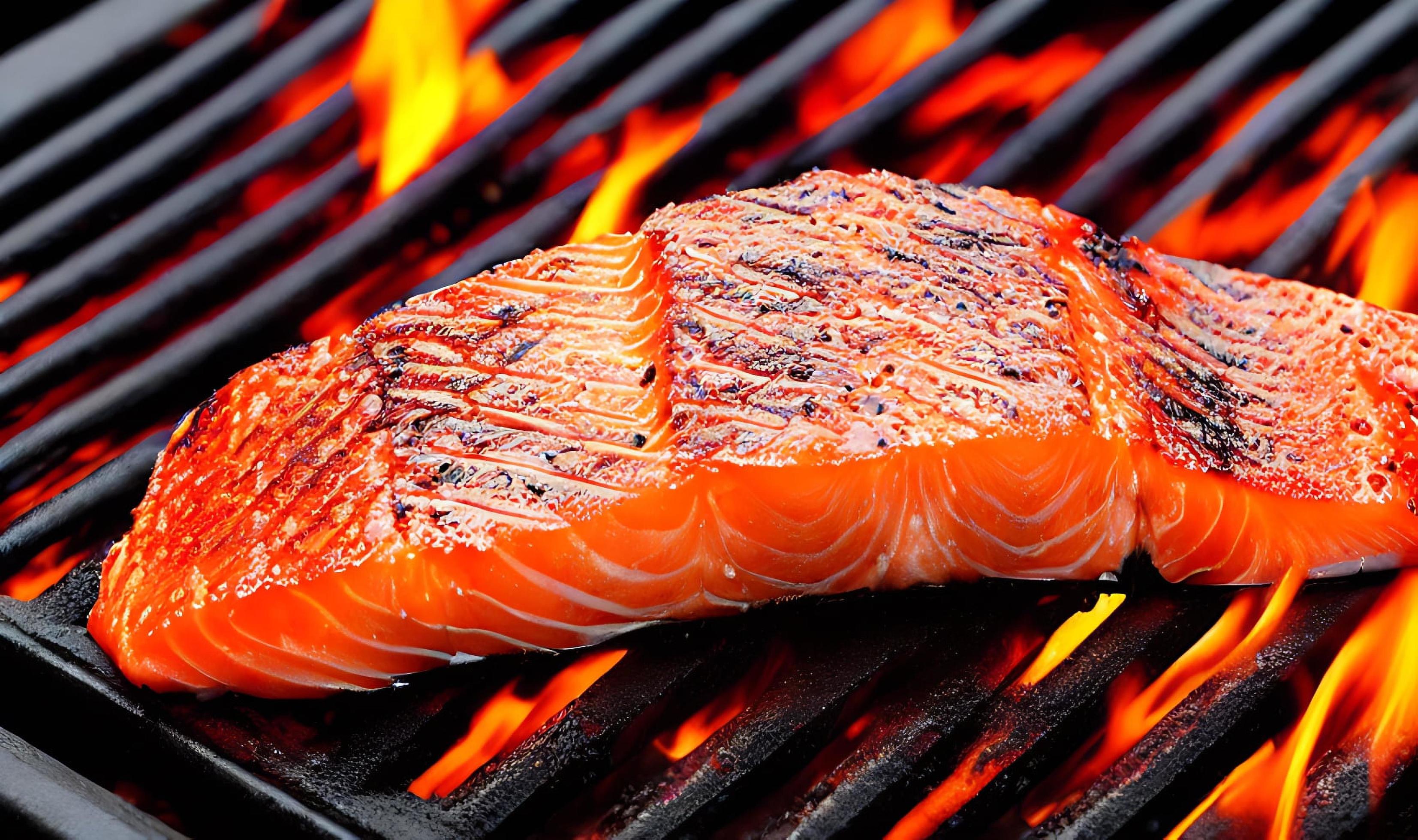 Grilled salmon. Healthy food baked salmon. Hot fish dish. Stock Free