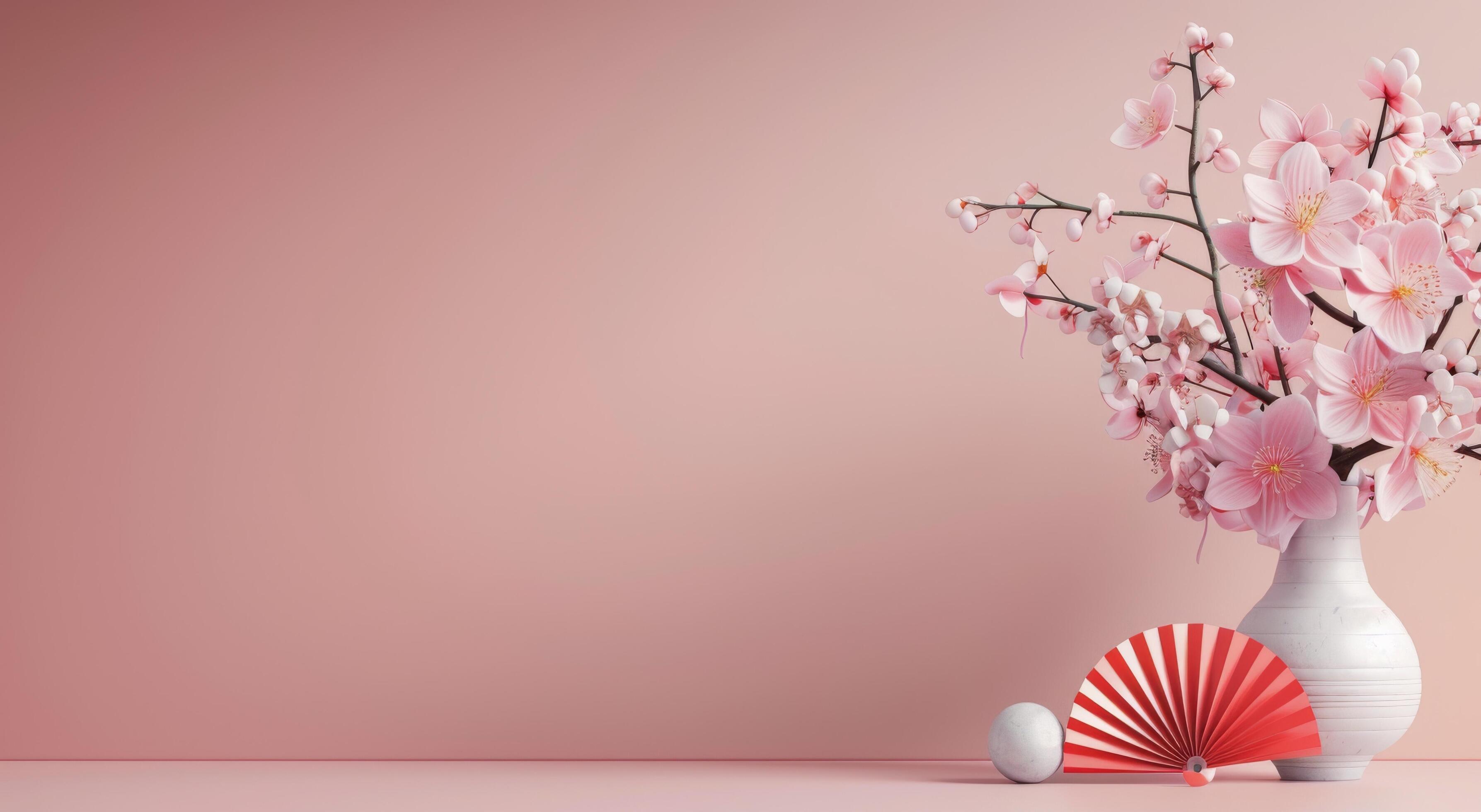 Pink Flowers and Red Fans on Pink Background Stock Free