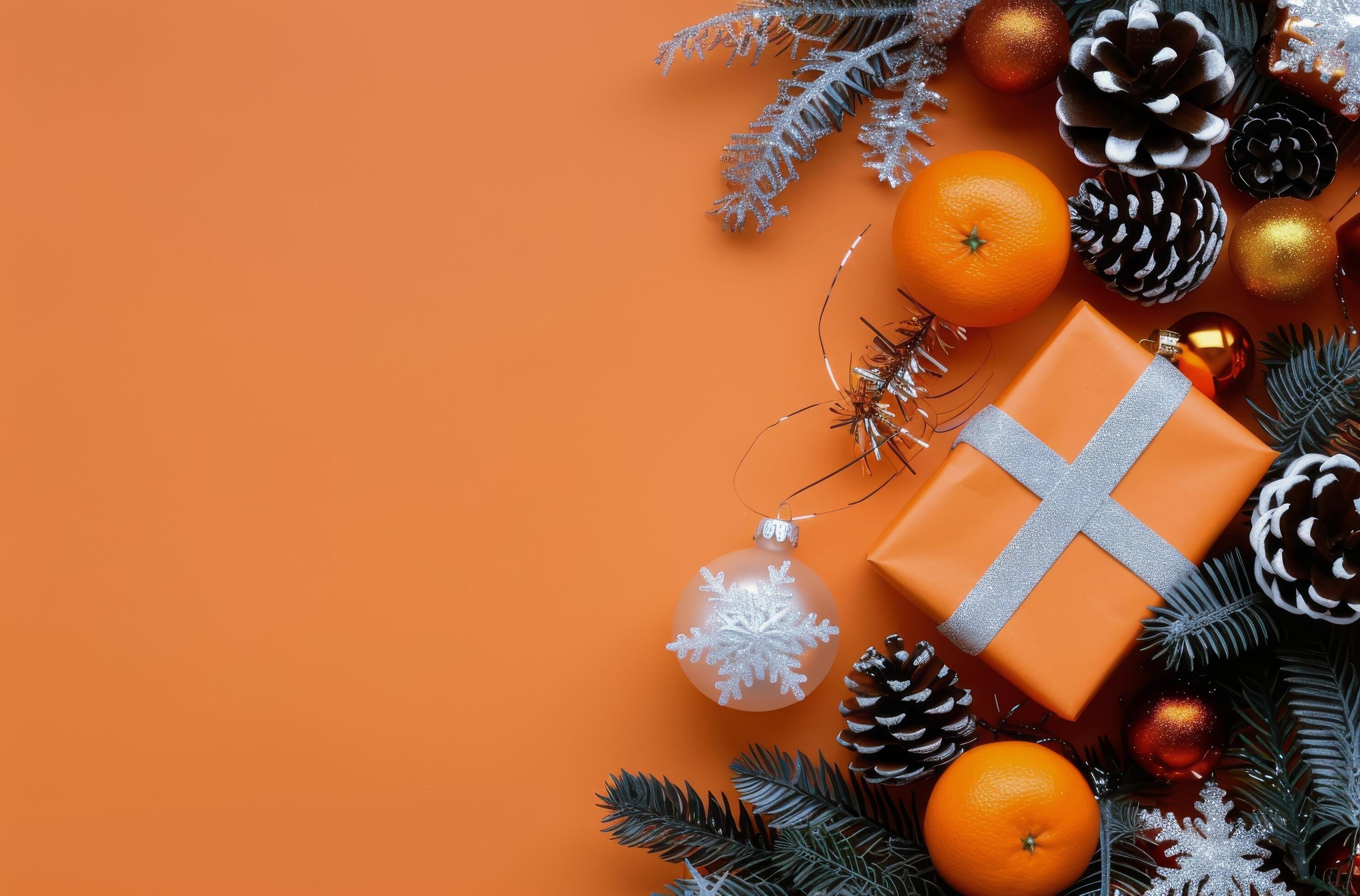 Festive Holiday Decorations With Oranges, Pinecones, and a Gift on Orange Background Stock Free