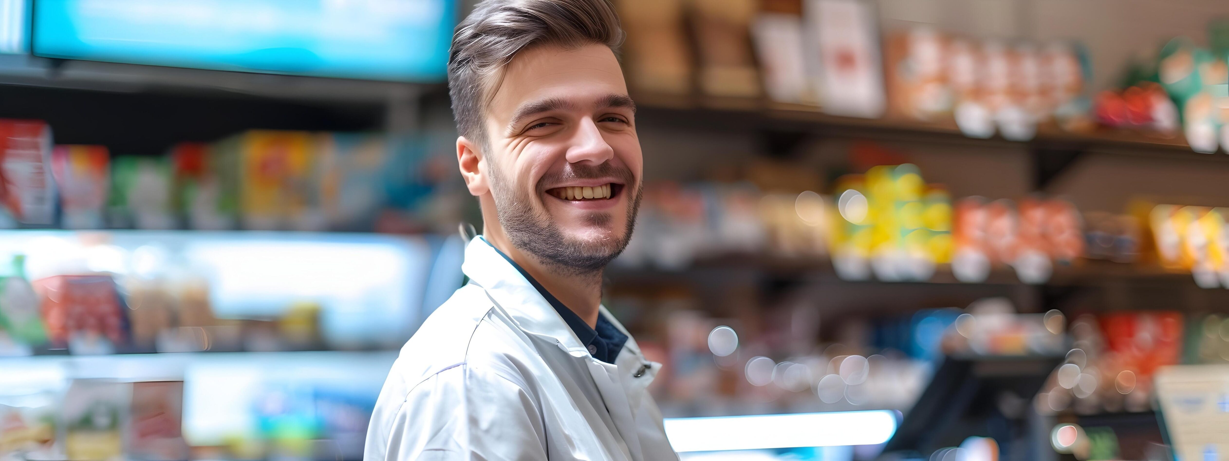 Cheerful Retail Manager Assisting Customers in Grocery Store Stock Free