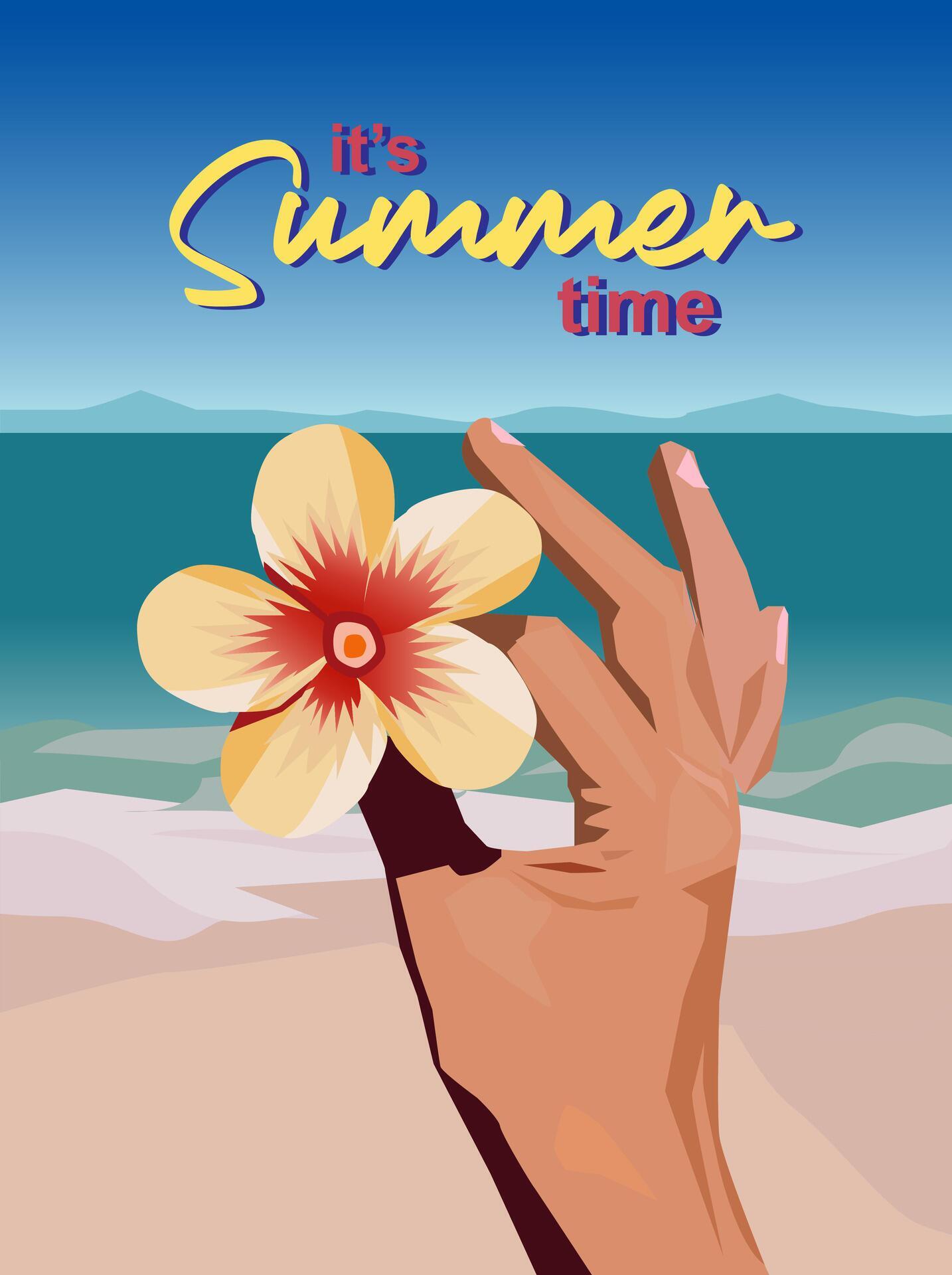 vector woman hand holding pick beautiful flower on summer time in view beauty pink sand beach sea sky Stock Free