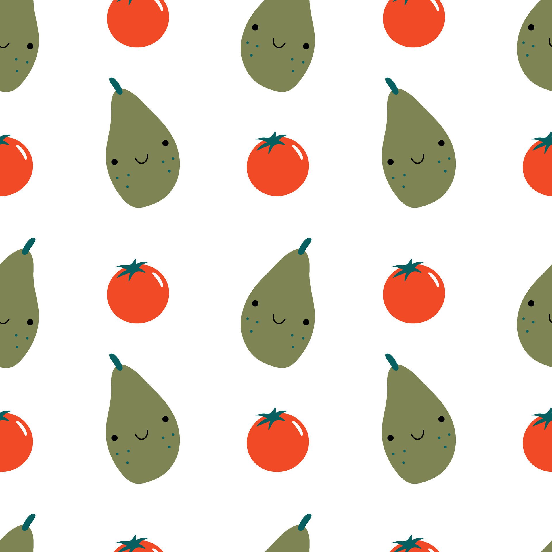 Cute avocado and tomato seamless pattern. For packaging, menu design, background, wrapping paper Free Vector