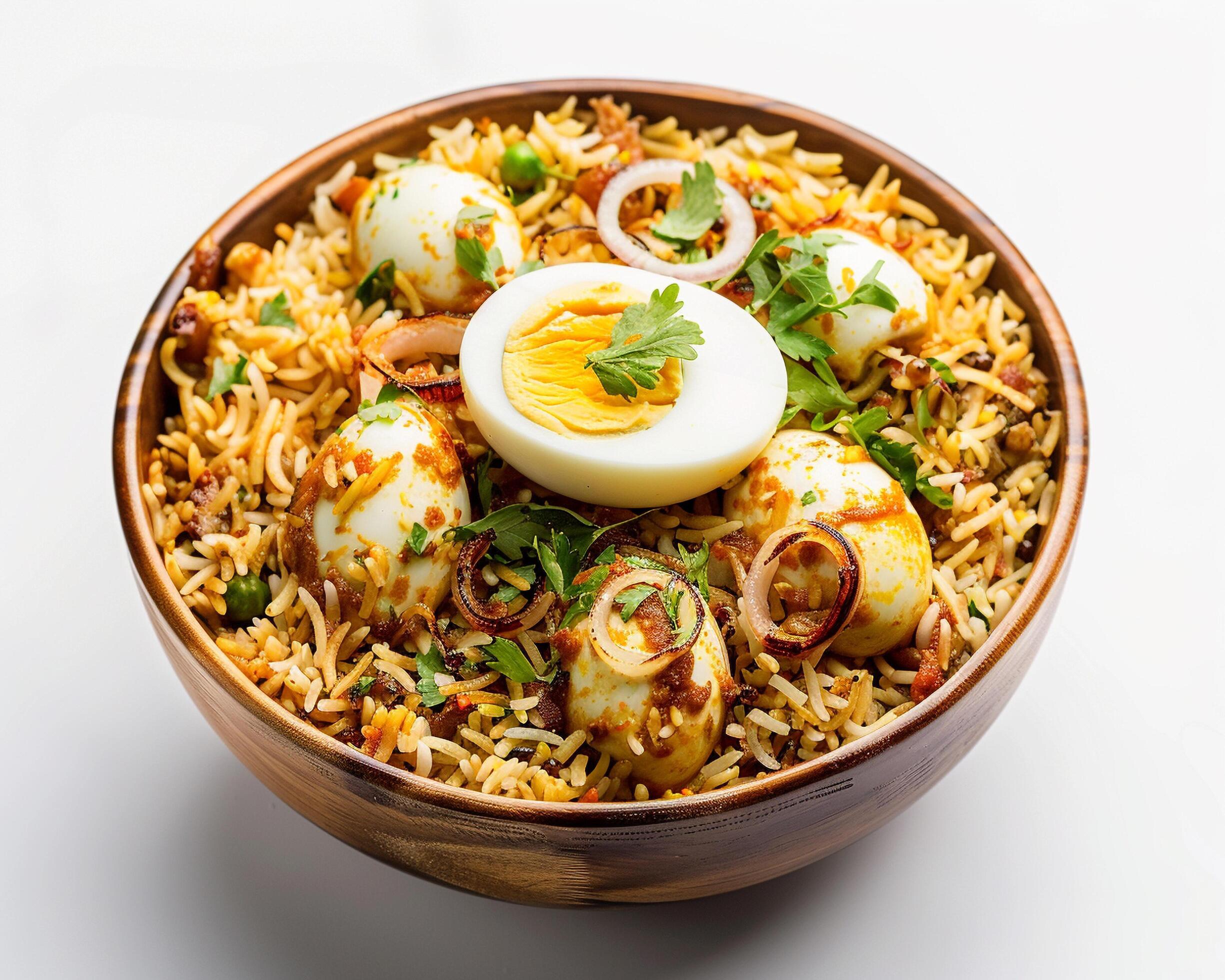 a bowl of rice with eggs and onions Stock Free