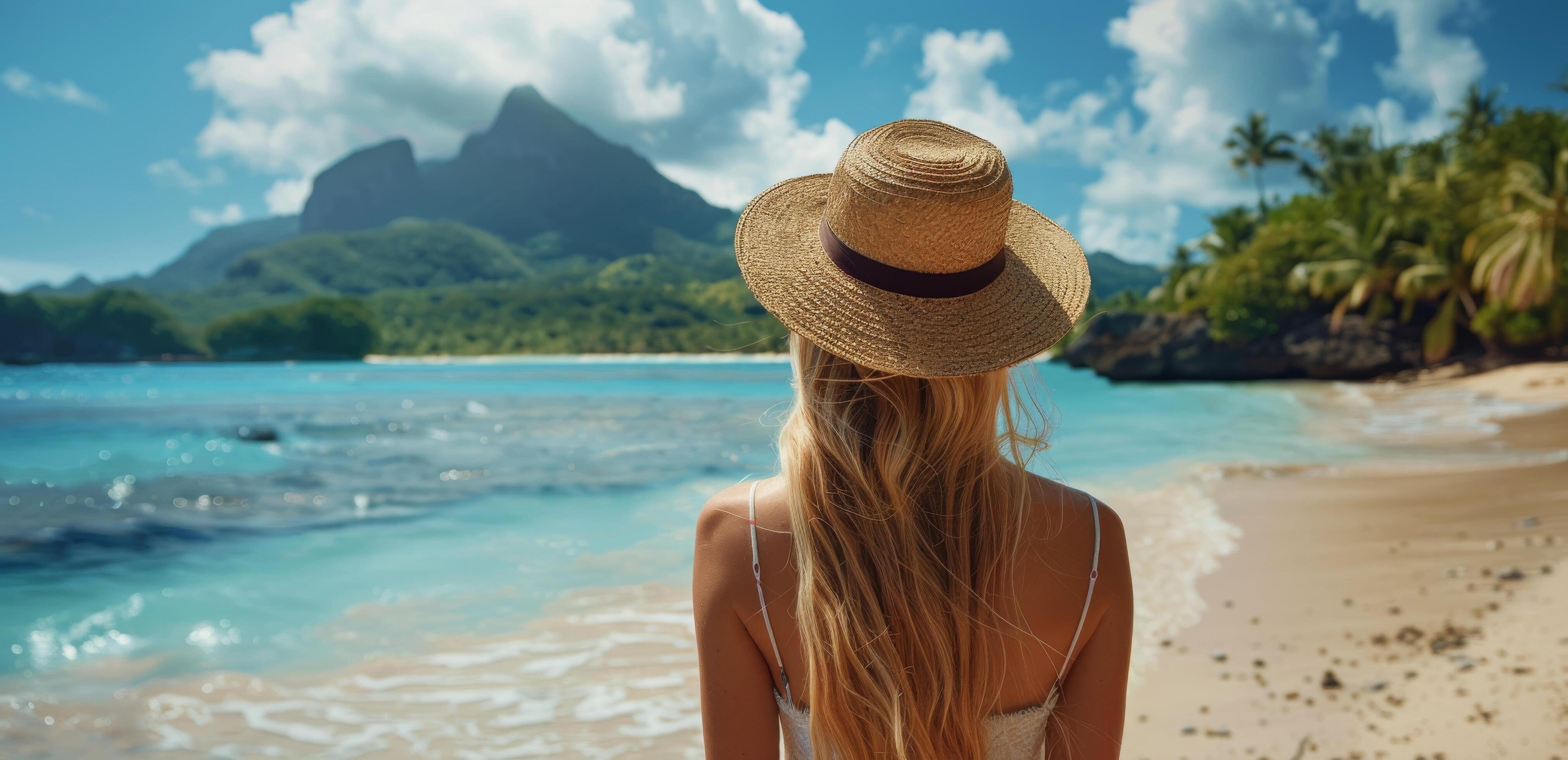 Woman Standing on Beach With Hat Stock Free