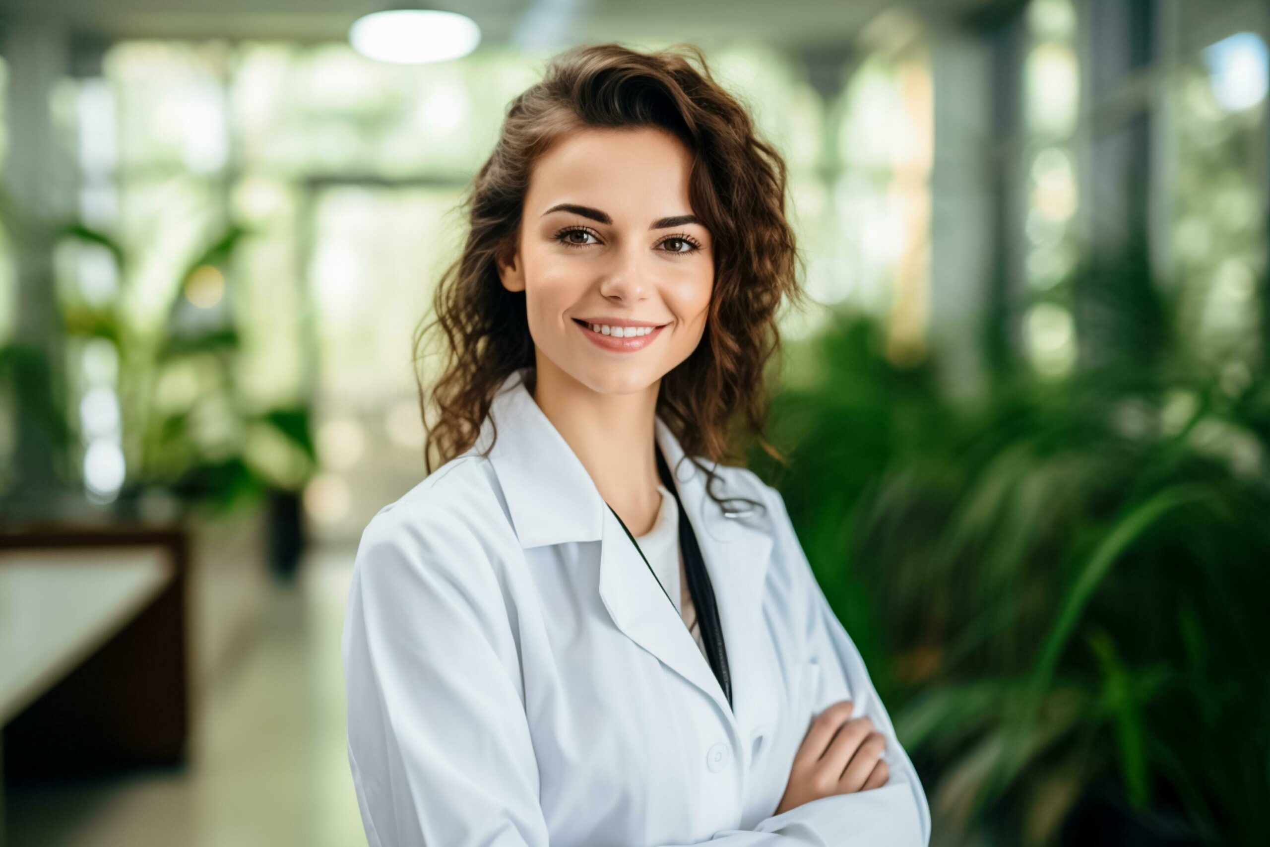 Medical concept beautiful female doctor in white coat, stethoscope, hospital background.AI Generated Free Photo