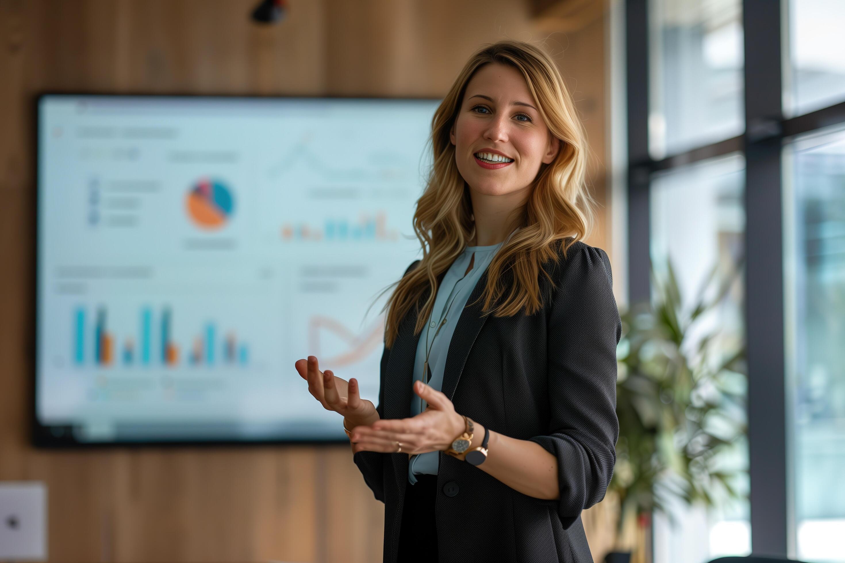 A confident female executive delivering a business presentation in a modern boardroom Stock Free