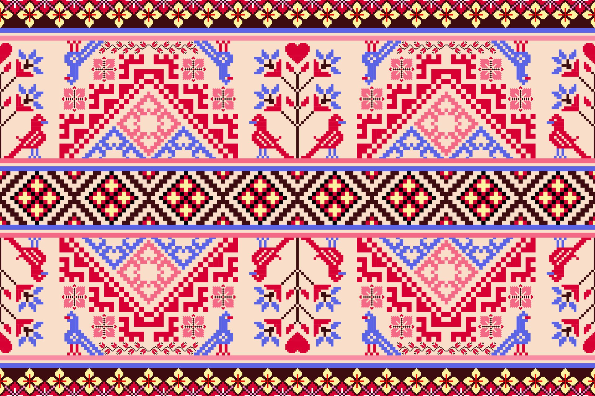 Ethnic Birds and Floral Pixel Art Seamless Pattern. Vector design for fabric, carpet, tile, embroidery, wrapping, wallpaper, and background Free Vector