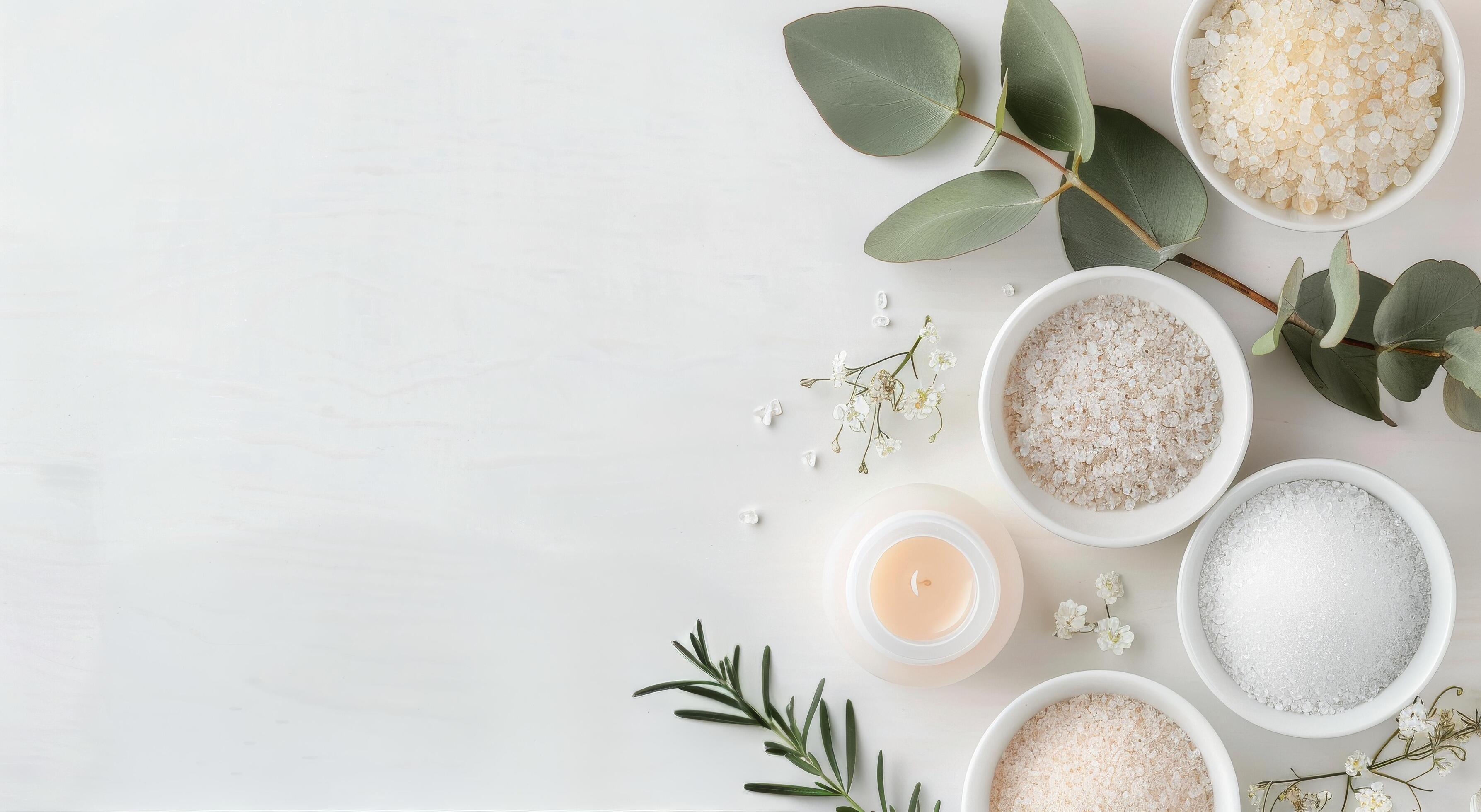 Natural Bath Salts and Oil on White Background Stock Free