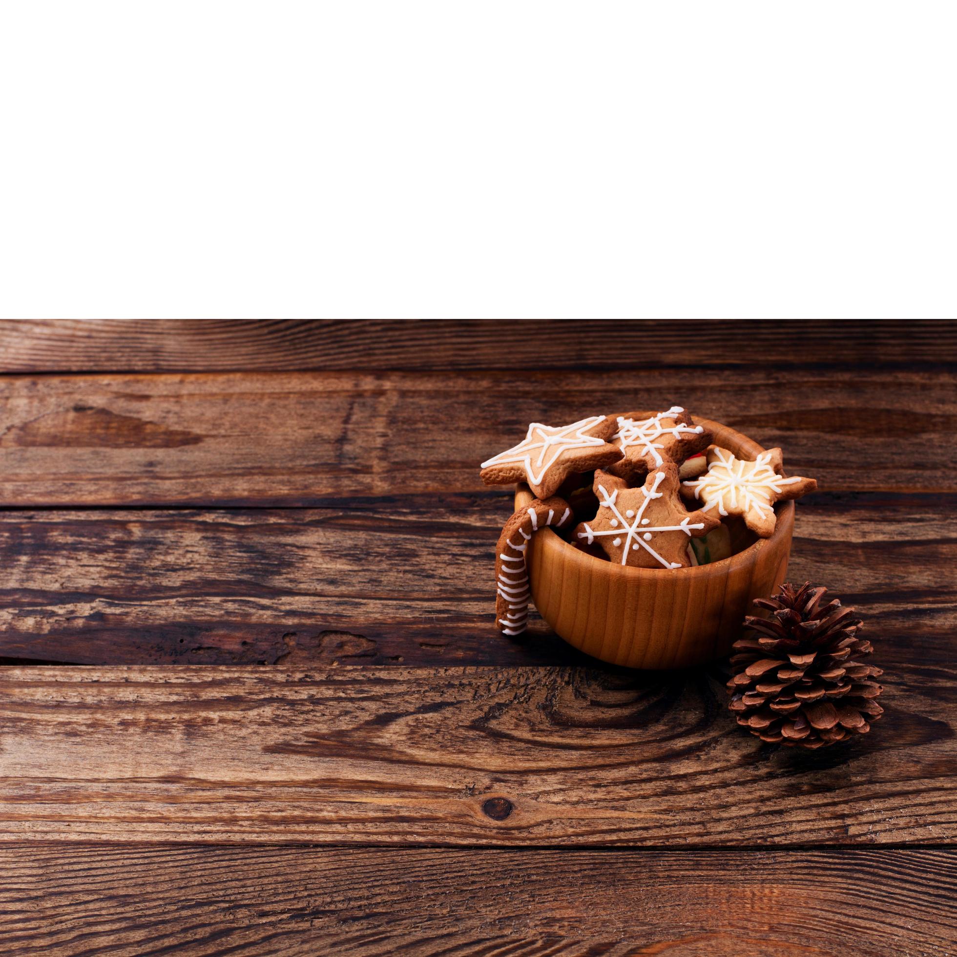 Knar and christmas food sweet cookies on wooden table isolated on white background. Copy space. Selective focus. Happy new year concept. Stock Free