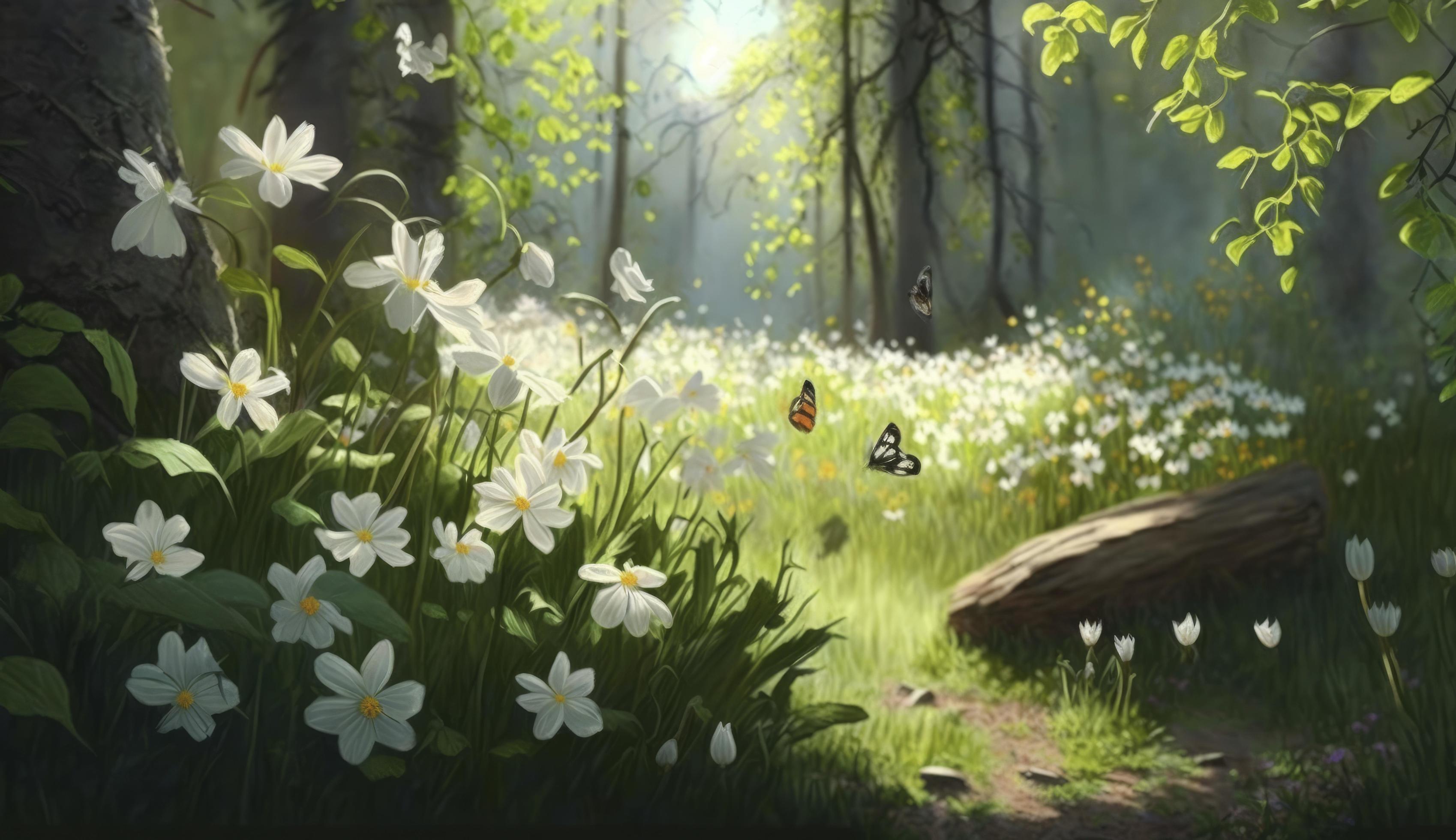 Forest glade with lots of white spring flowers and butterflies on a sunny day, Generate Ai Stock Free