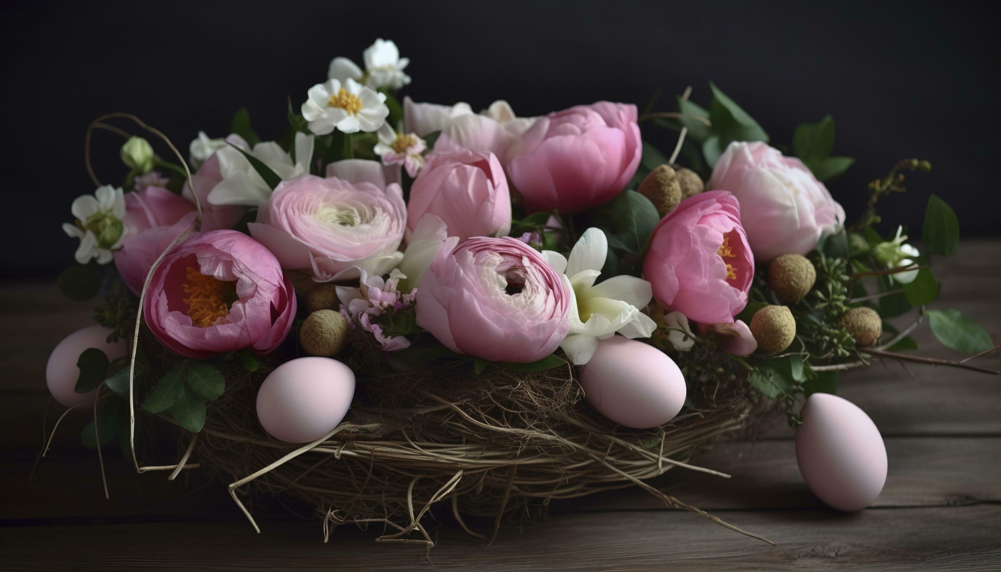 Pink Spring Flower Arrangement, Easter Decoration, generate ai Stock Free