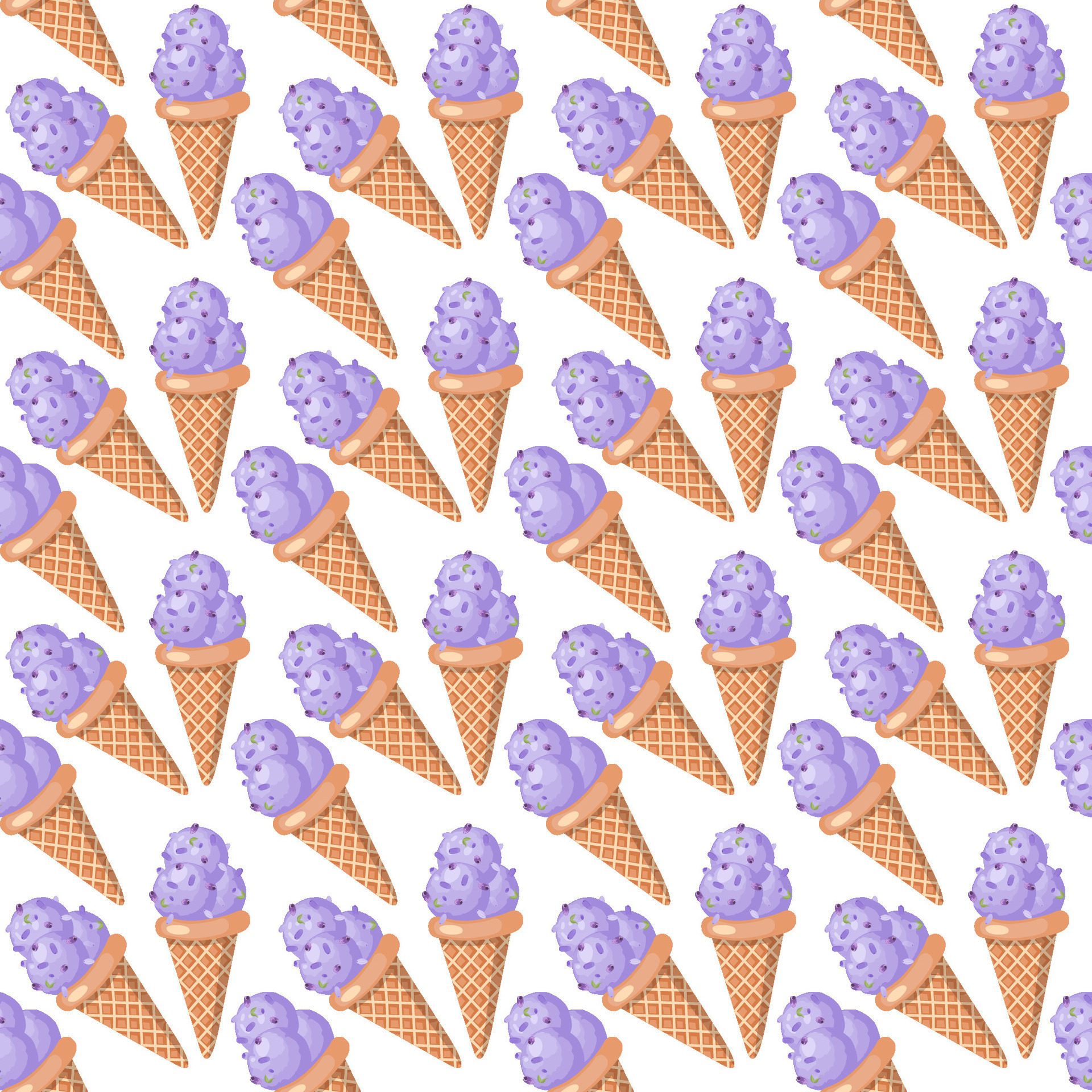 Lavender ice cream. Three scoops of creamy sweet dessert in a waffle cone. Purple sorbet. Seamless pattern. illustration. Free Vector