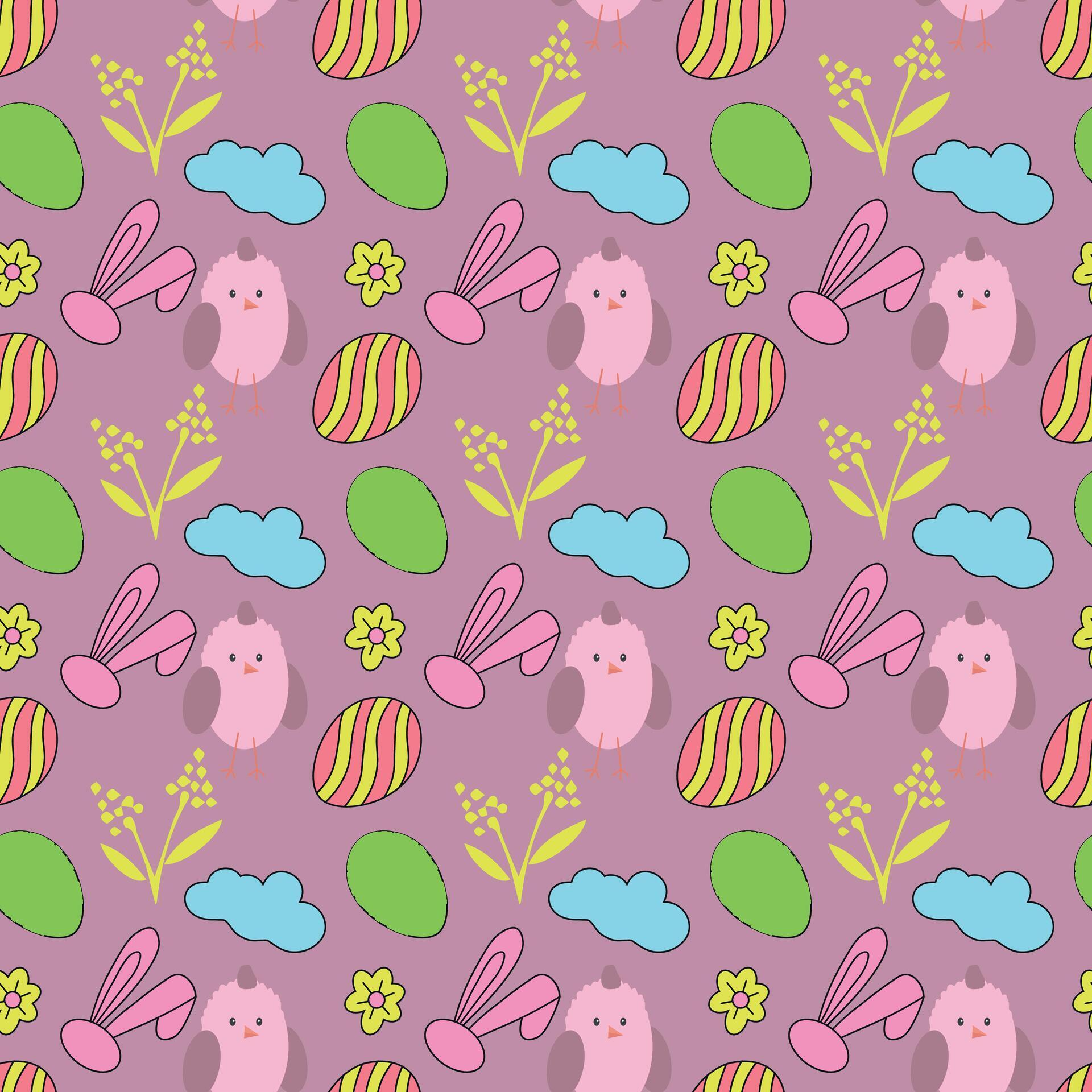 seamless pattern for Easter with hare rabbits and Easter eggs in peas. Small cute daisy flowers Stock Free