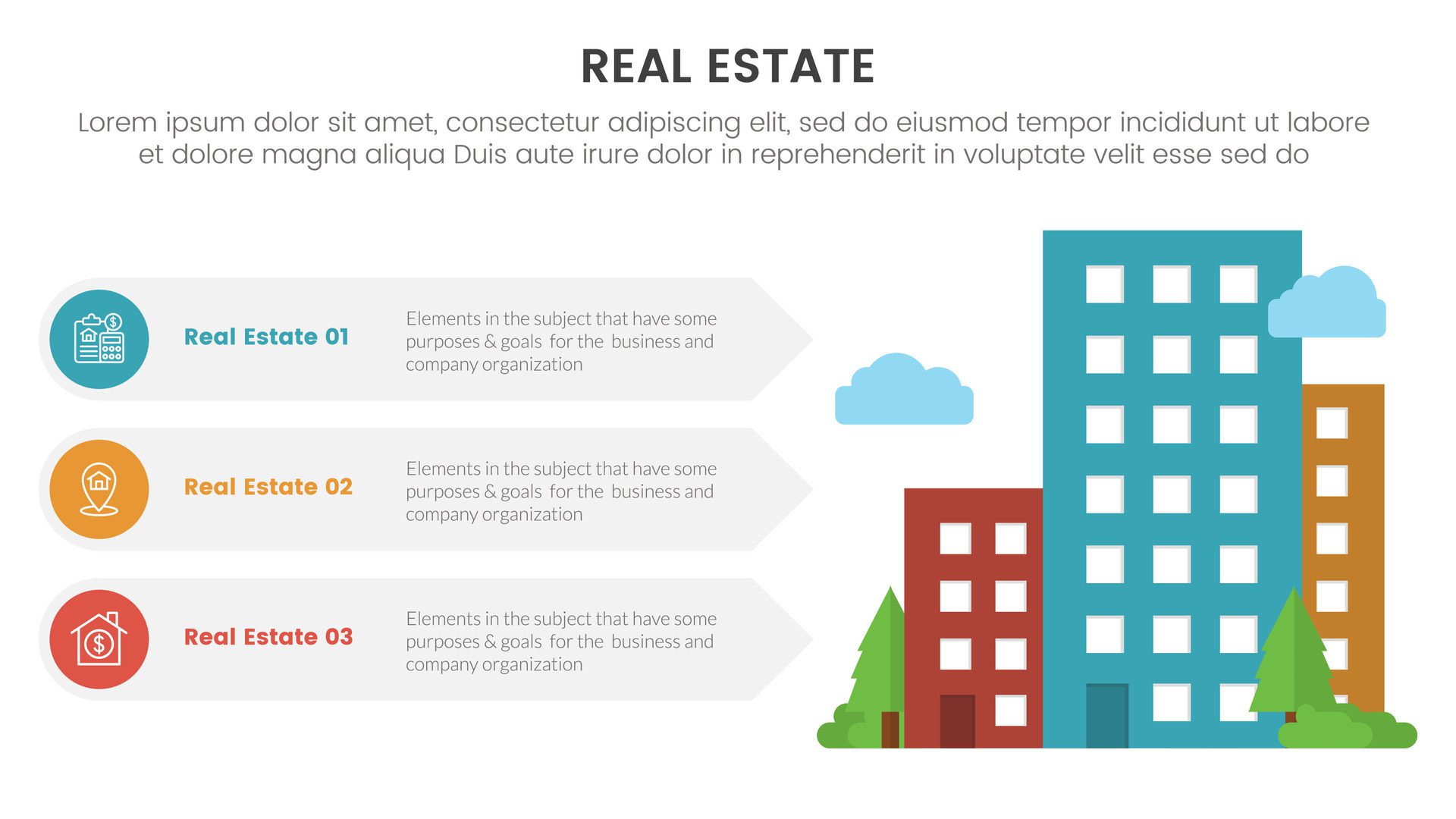 real estate property infographic template banner with big hotel building with park with 3 point list information for slide presentation Free Vector