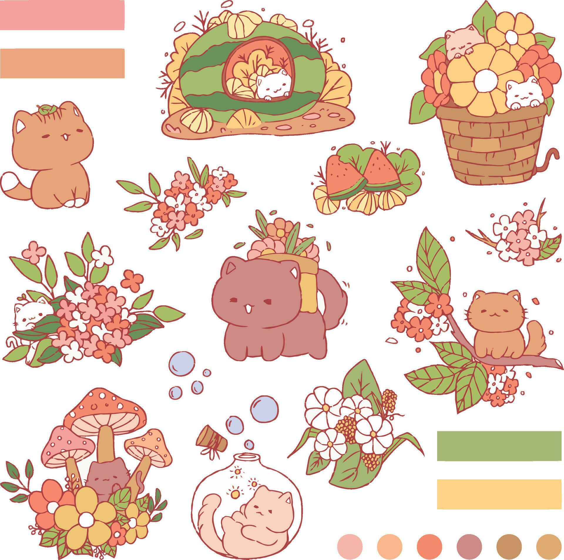 A set of cute cat with plant fruit and flower Stock Free