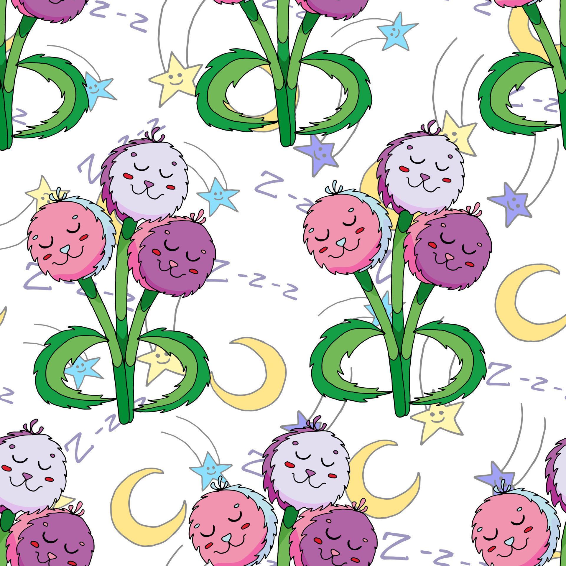 Sleeping fluffy flowers on the background of the moon and stars. Vector seamless pattern. Stock Free