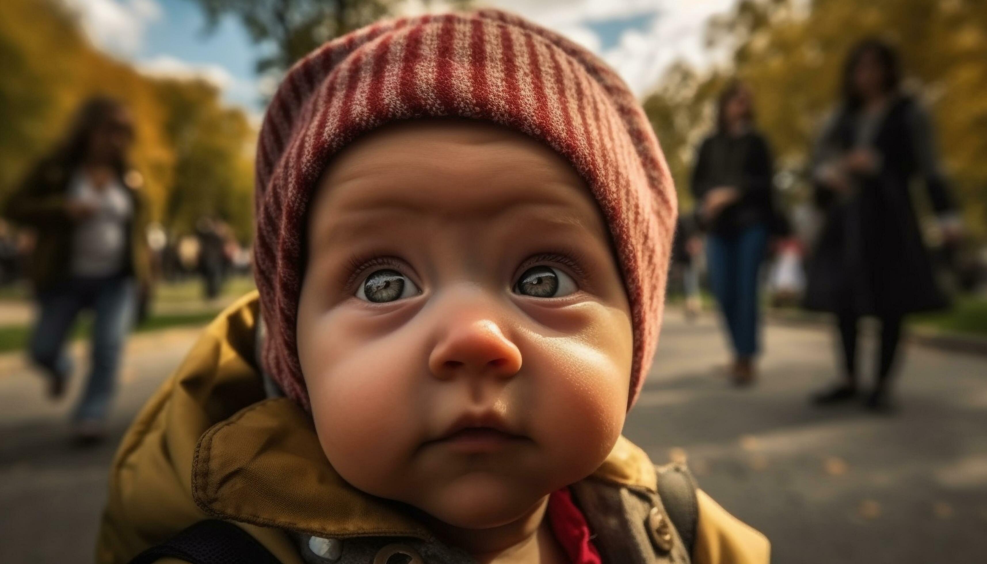 Cute Caucasian toddler playing outdoors in autumn forest with family generated by AI Stock Free