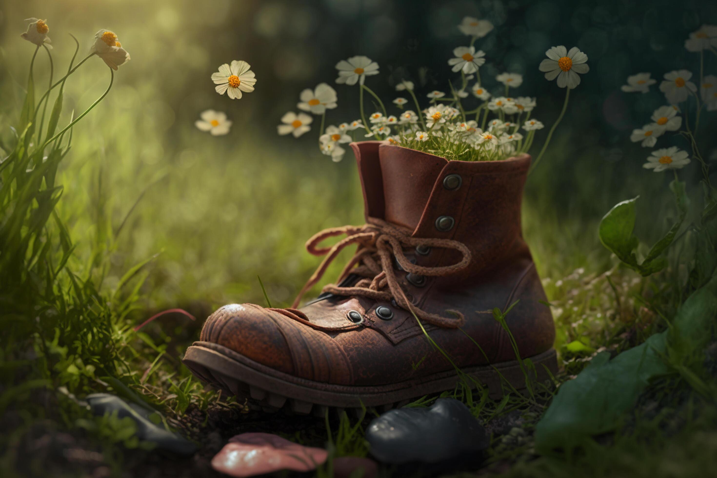 Old rubber boots planted with flowers in the garden Stock Free