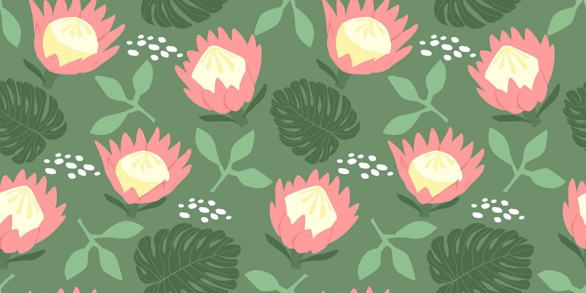 Seamless pattern with tropical exotic flowers and leaves. Abstract leaves of monstera, protea, simple plant shapes. Vector graphics. Stock Free