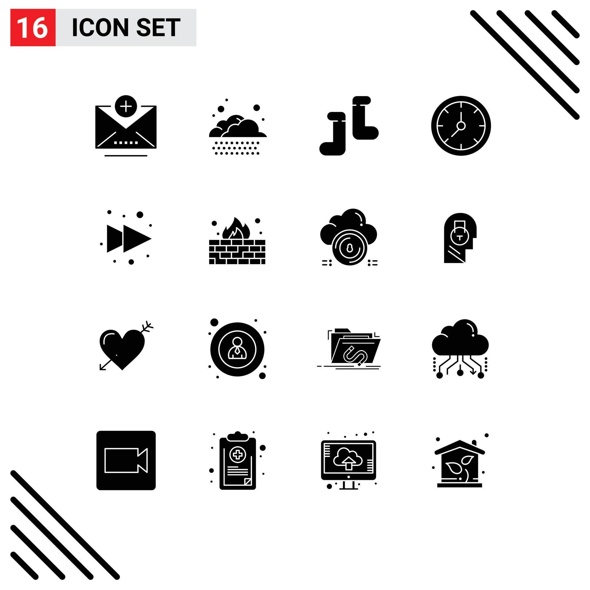 Set of 16 Commercial Solid Glyphs pack for internet antivirus clock right arrow Editable Vector Design Elements Stock Free