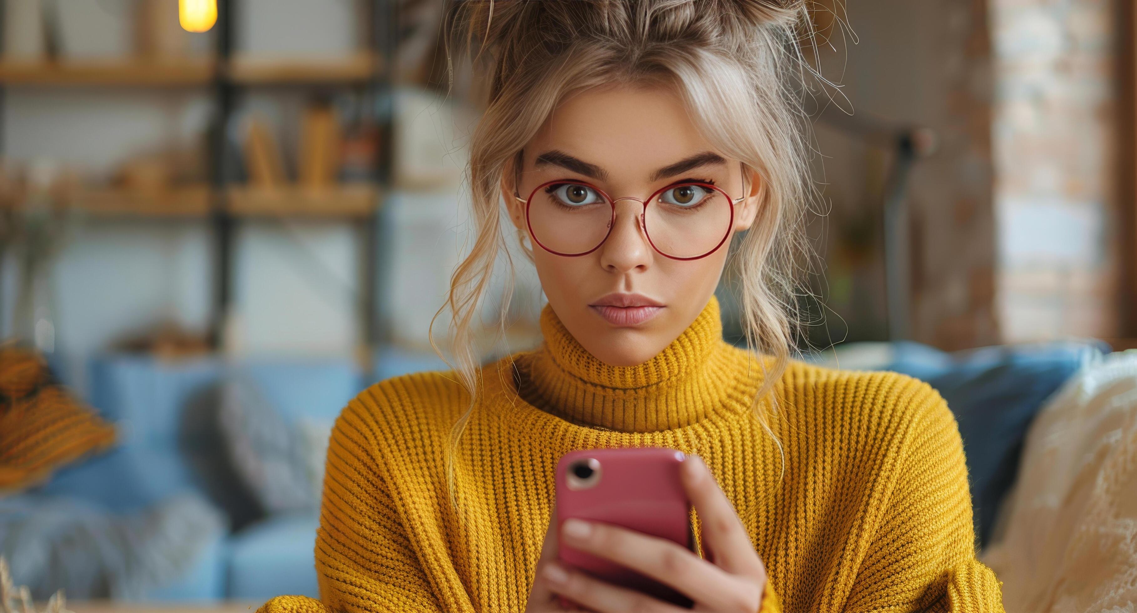 Young Woman in Yellow Sweater Uses Smartphone in Indoor Setting Stock Free