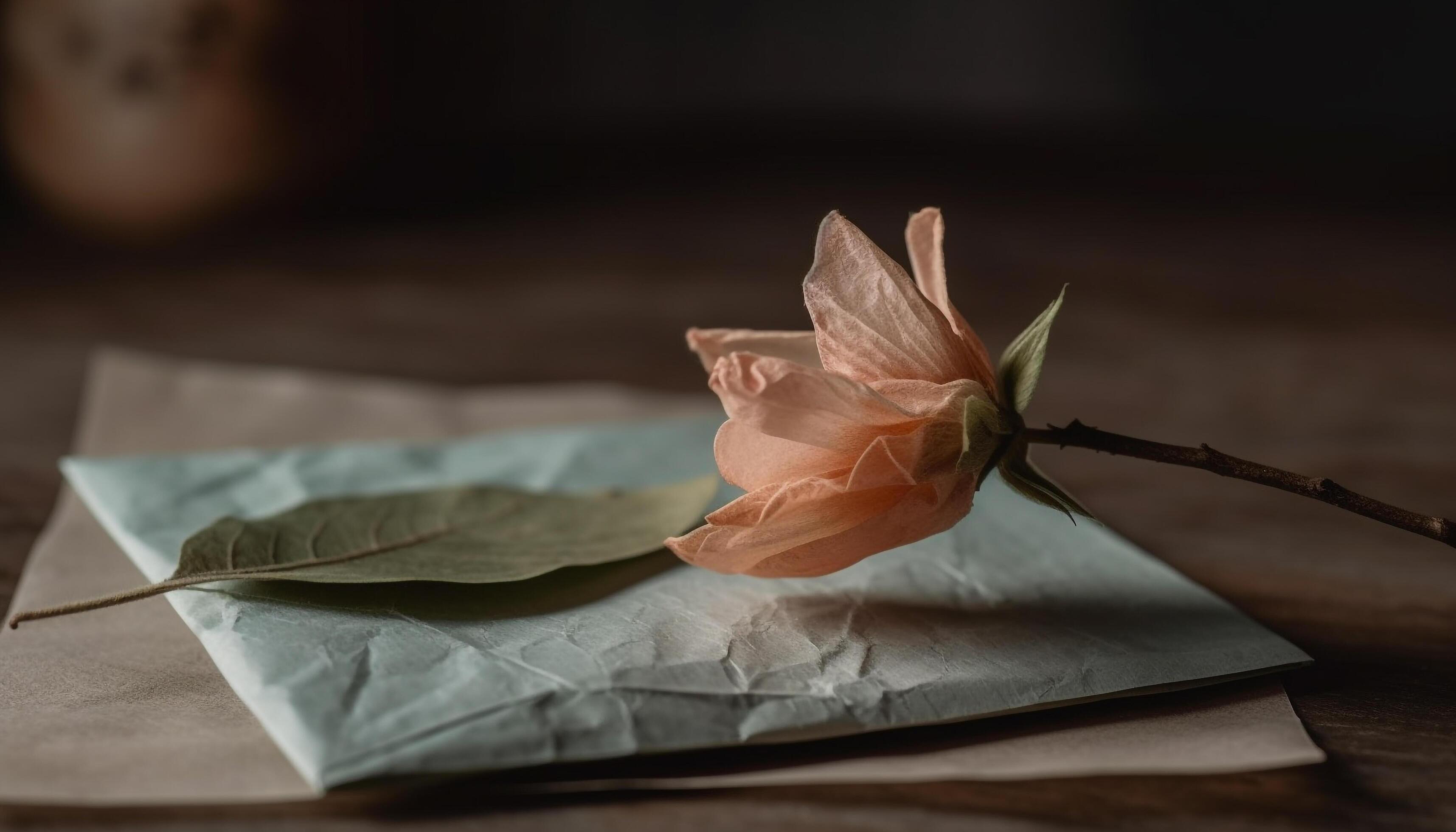 Rustic elegance crumpled paper, old fashioned flower, and wooden table generated by AI Stock Free