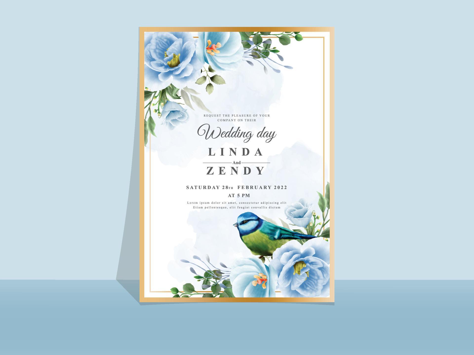 Wedding invitation card template blue flowers theme Stock Free