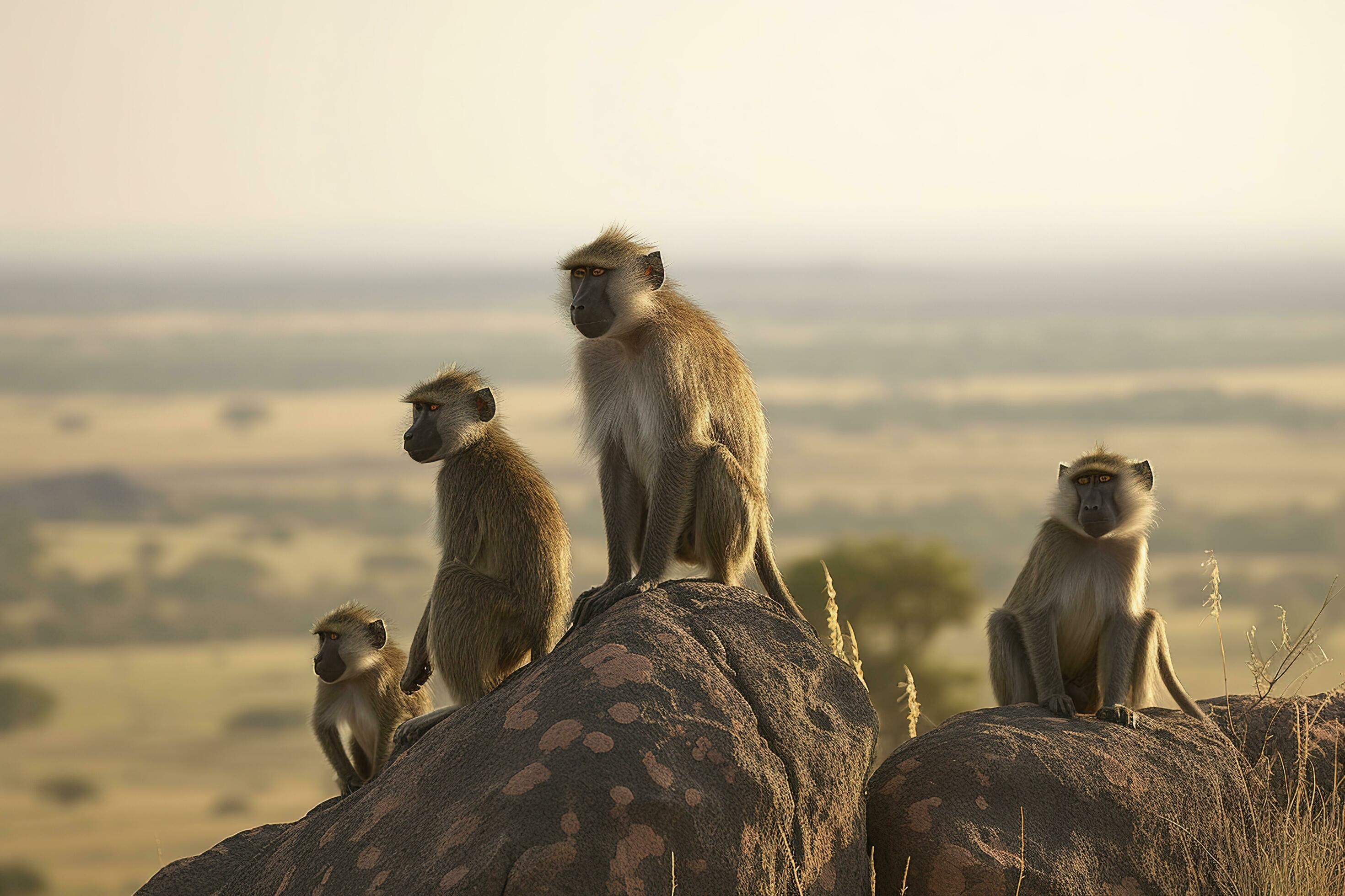 A family of baboons perched on a rocky outcropping in a savanna landscape, generate ai Stock Free