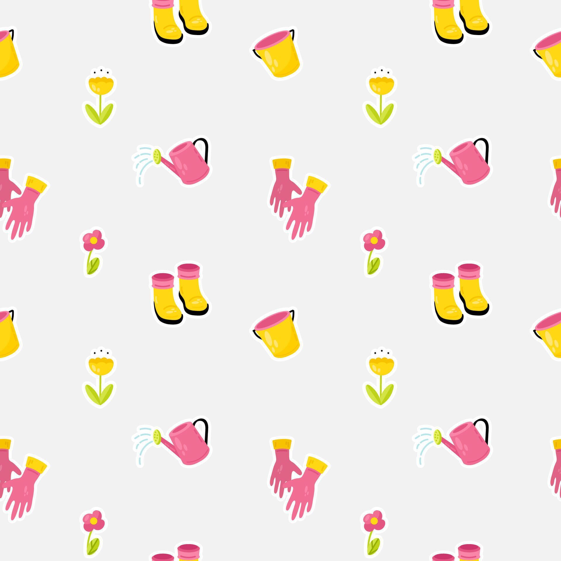 Seamless pattern with watering can, rubber gloves and flowers. Stock Free