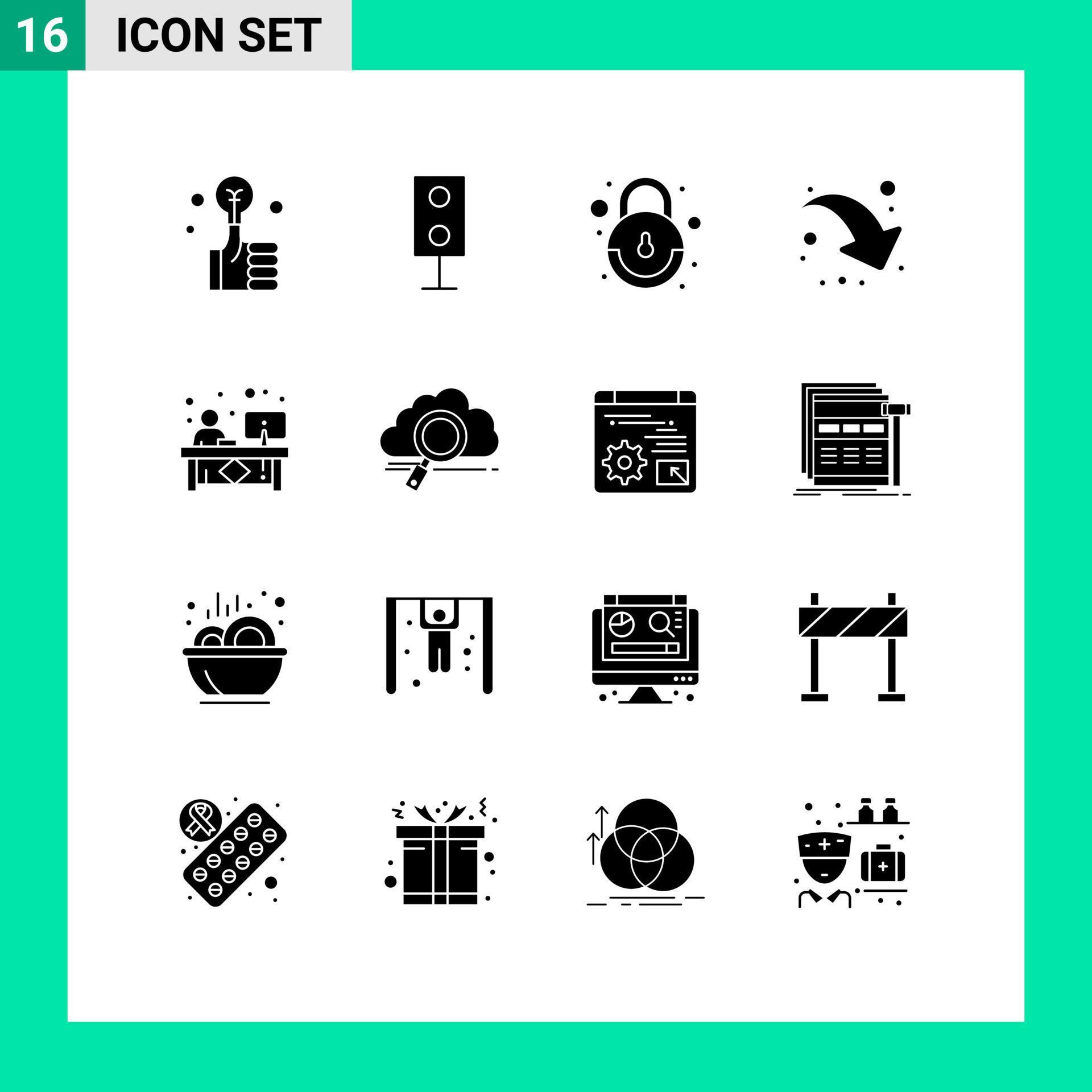 Modern Set of 16 Solid Glyphs Pictograph of desk clerk technology down right arrow Editable Vector Design Elements Stock Free