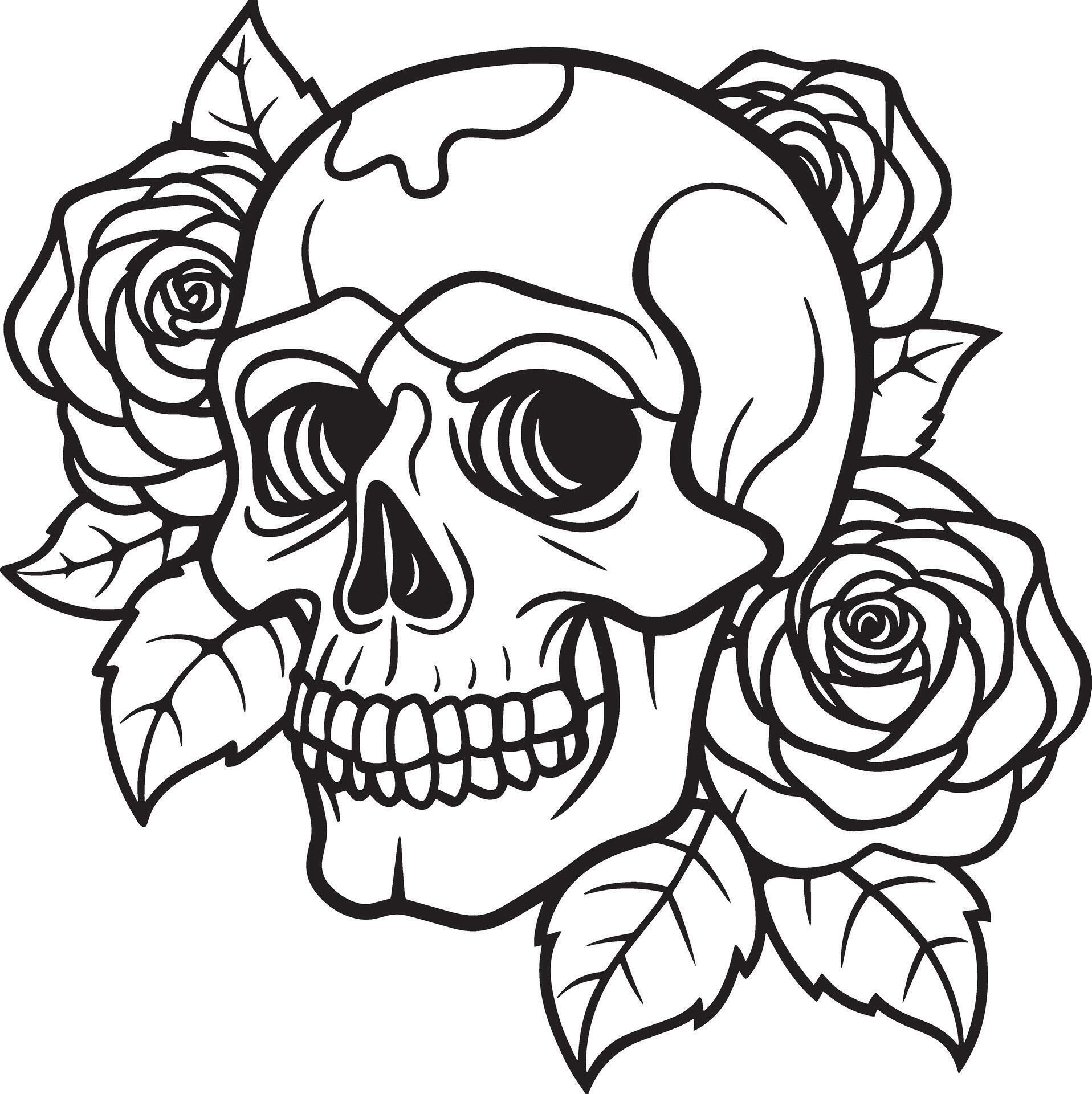 skull with rose flowers line art black and white illustration Stock Free