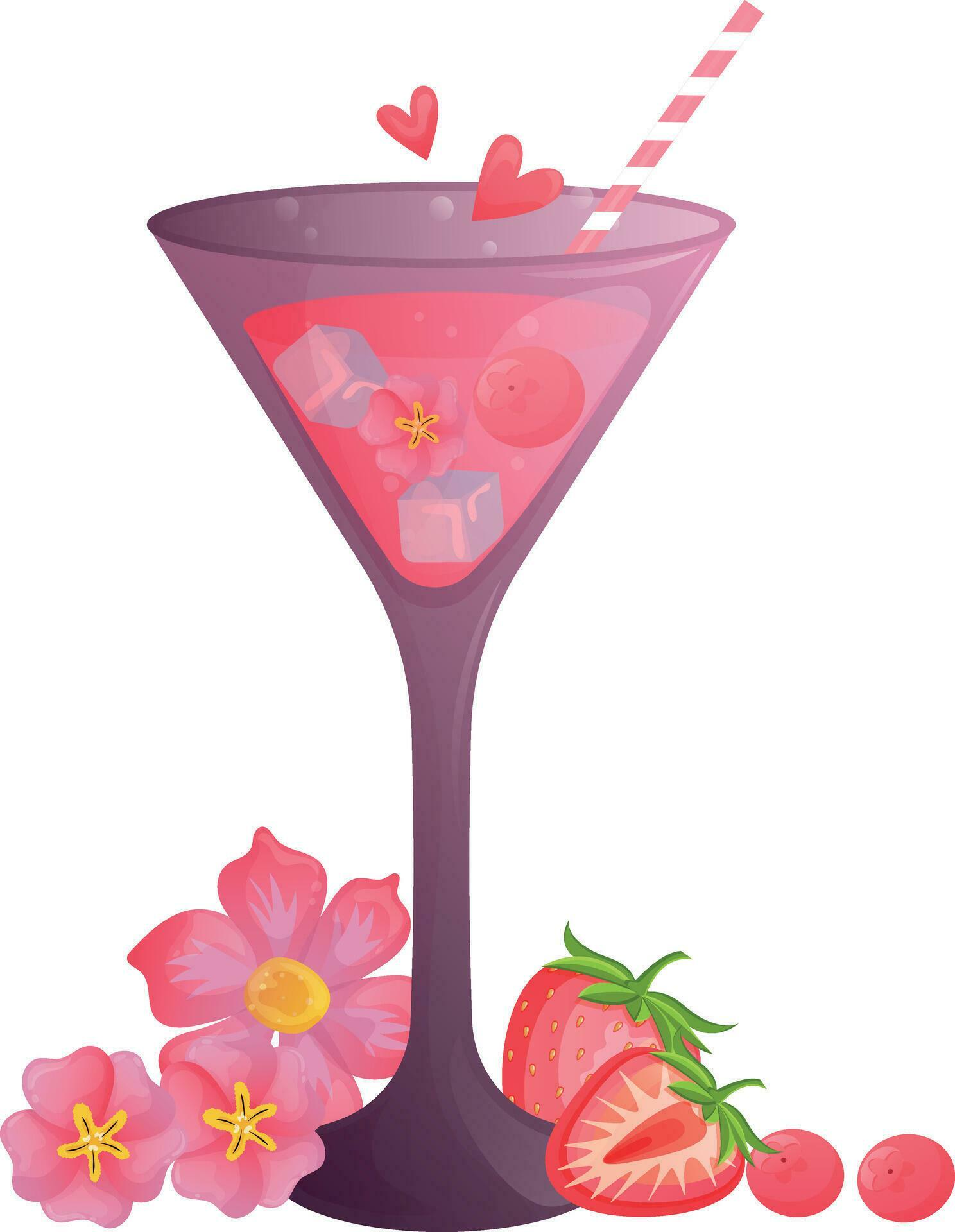 potion pink love coctail with flowers and berries in a thin stemmed glass Stock Free