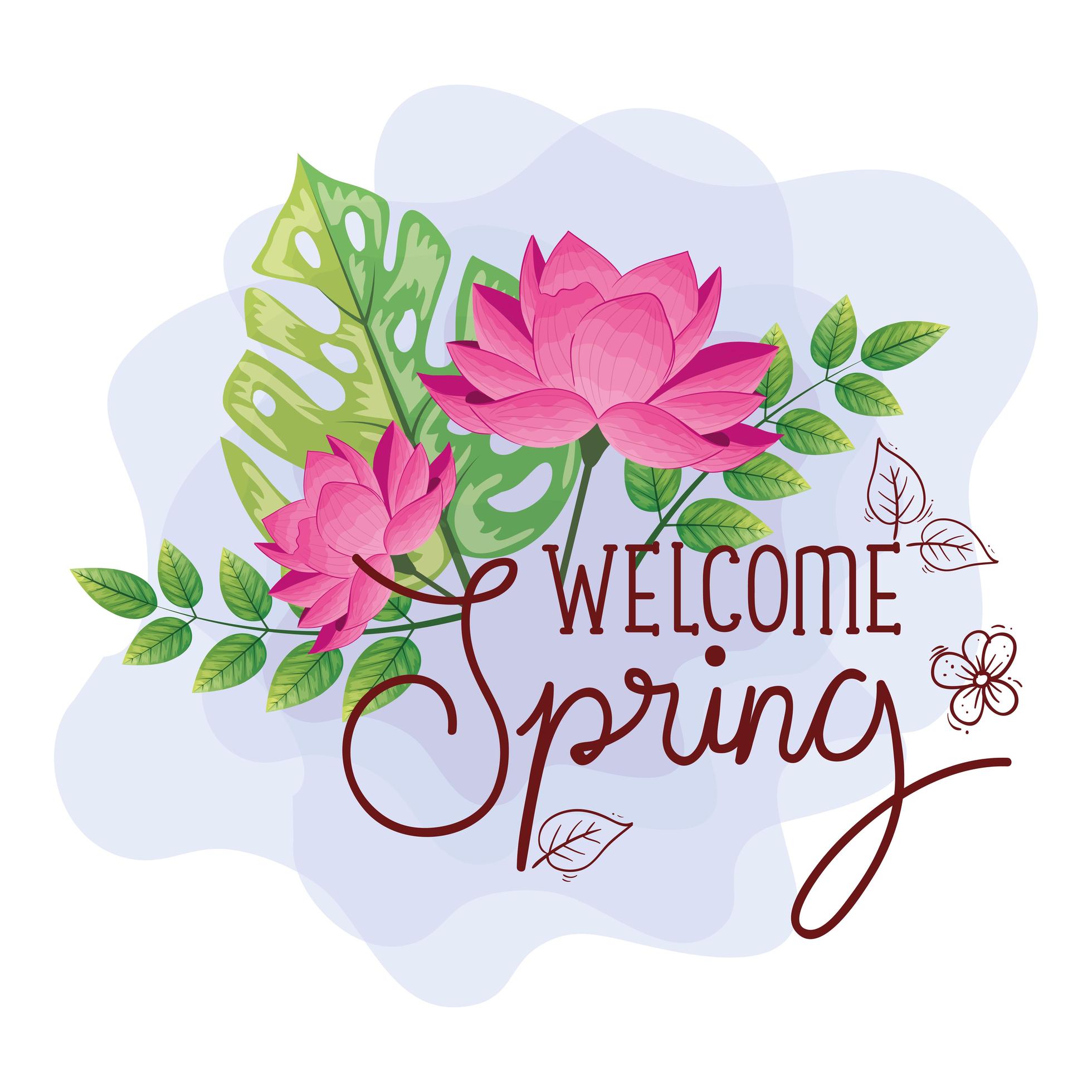 welcome spring, lettering spring season with flowers pink color and leaves nature decoration Stock Free