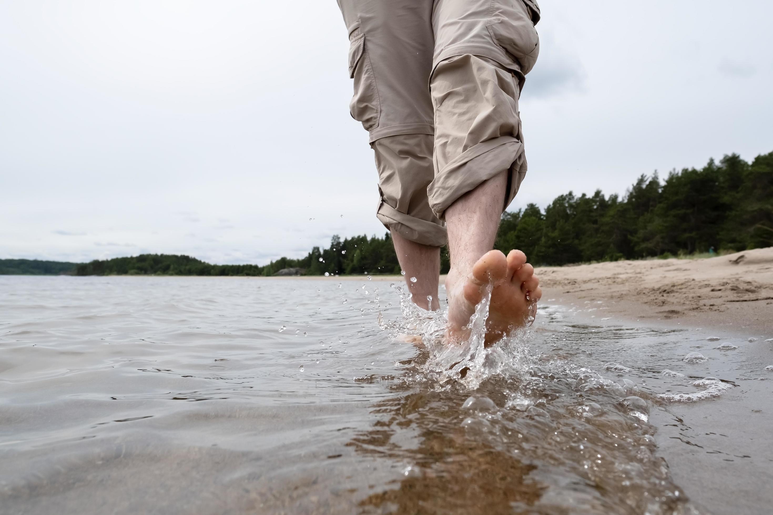 Barefoot male legs in rolled-up pants walk on the water along the sandy shore against the backdrop of the lake and trees. Lifestyle. Stock Free