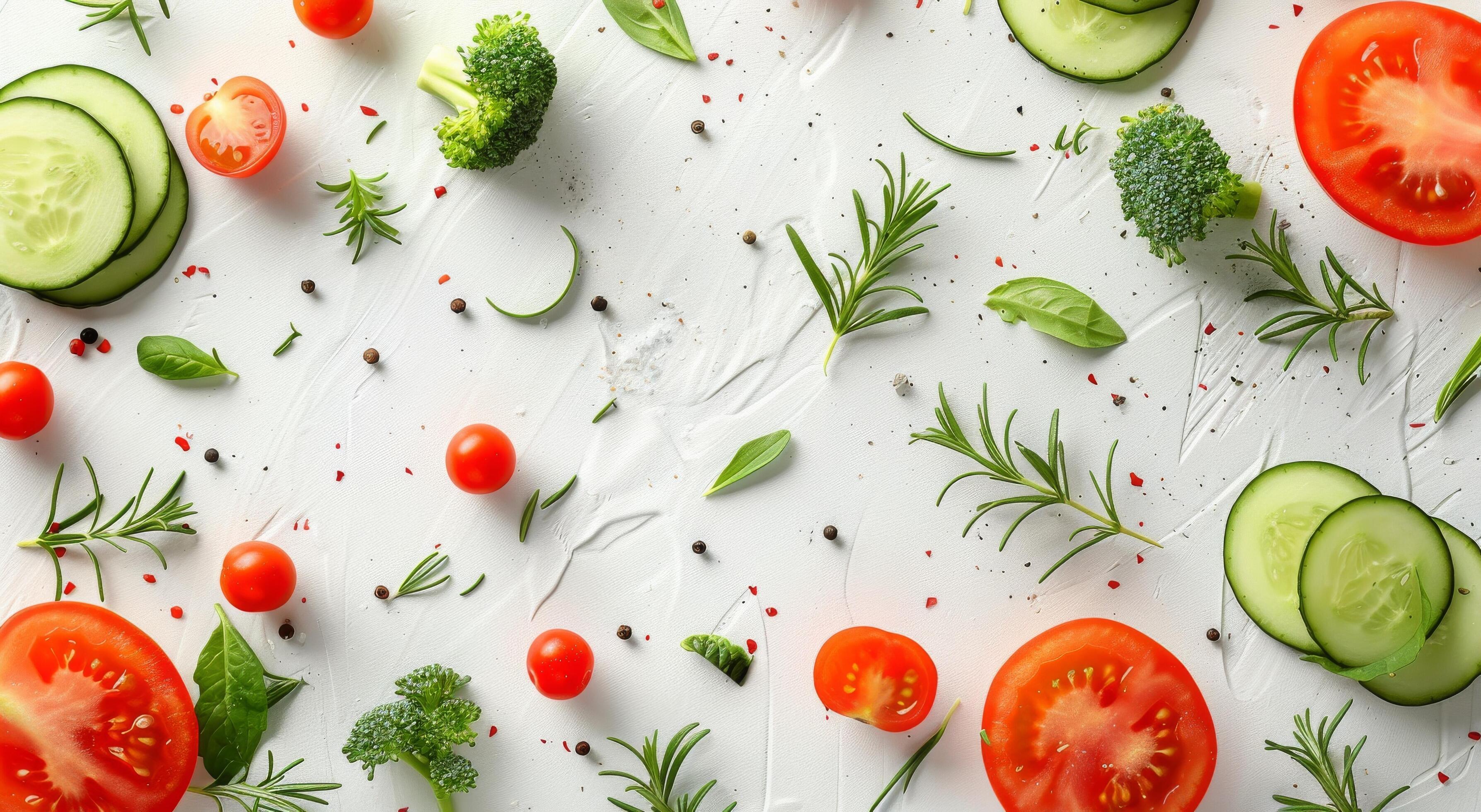 Fresh Broccoli, Tomatoes, Cucumber, and Rosemary Sprouts on White Background Stock Free