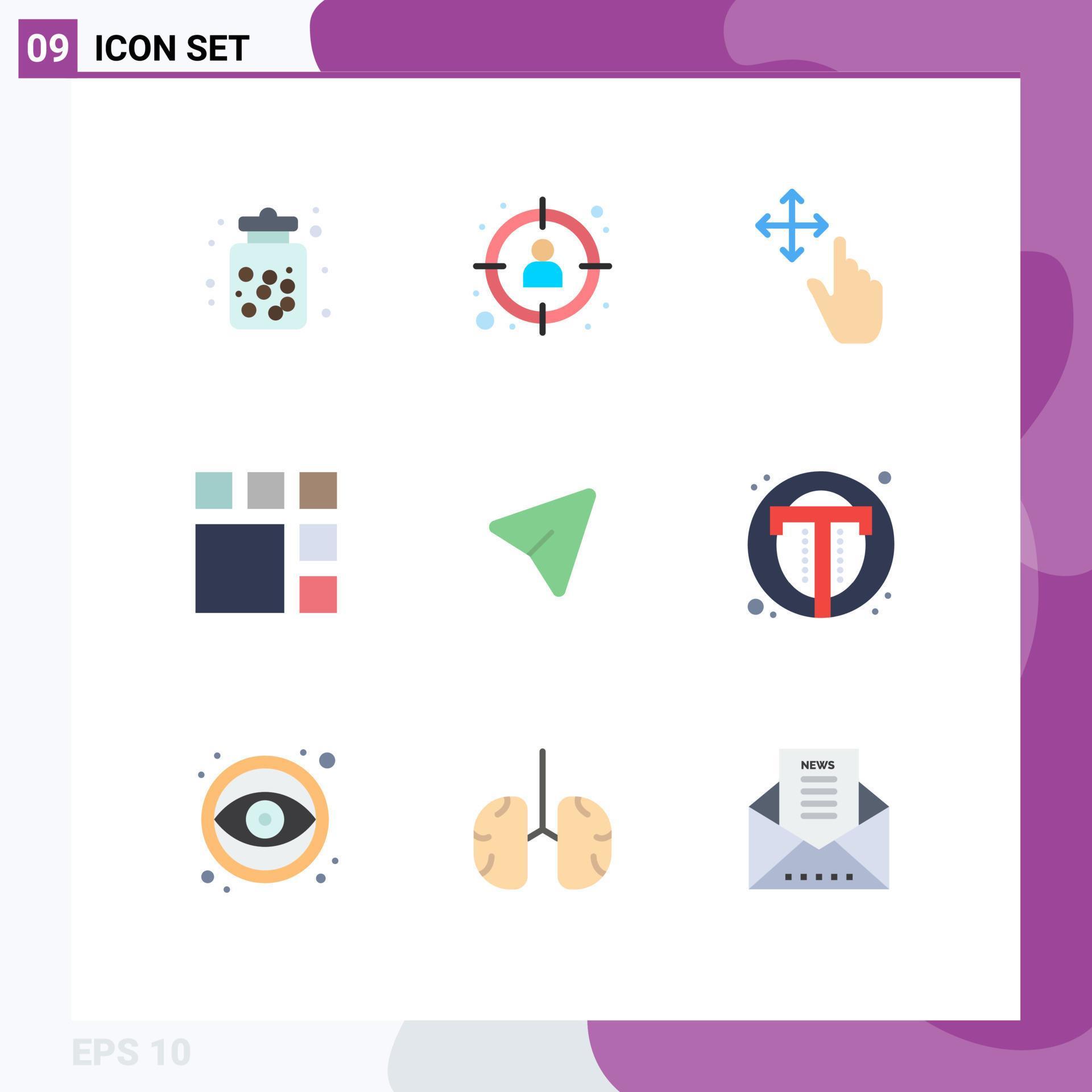 Pack of 9 Modern Flat Colors Signs and Symbols for Web Print Media such as arrow image target frame hold Editable Vector Design Elements Stock Free