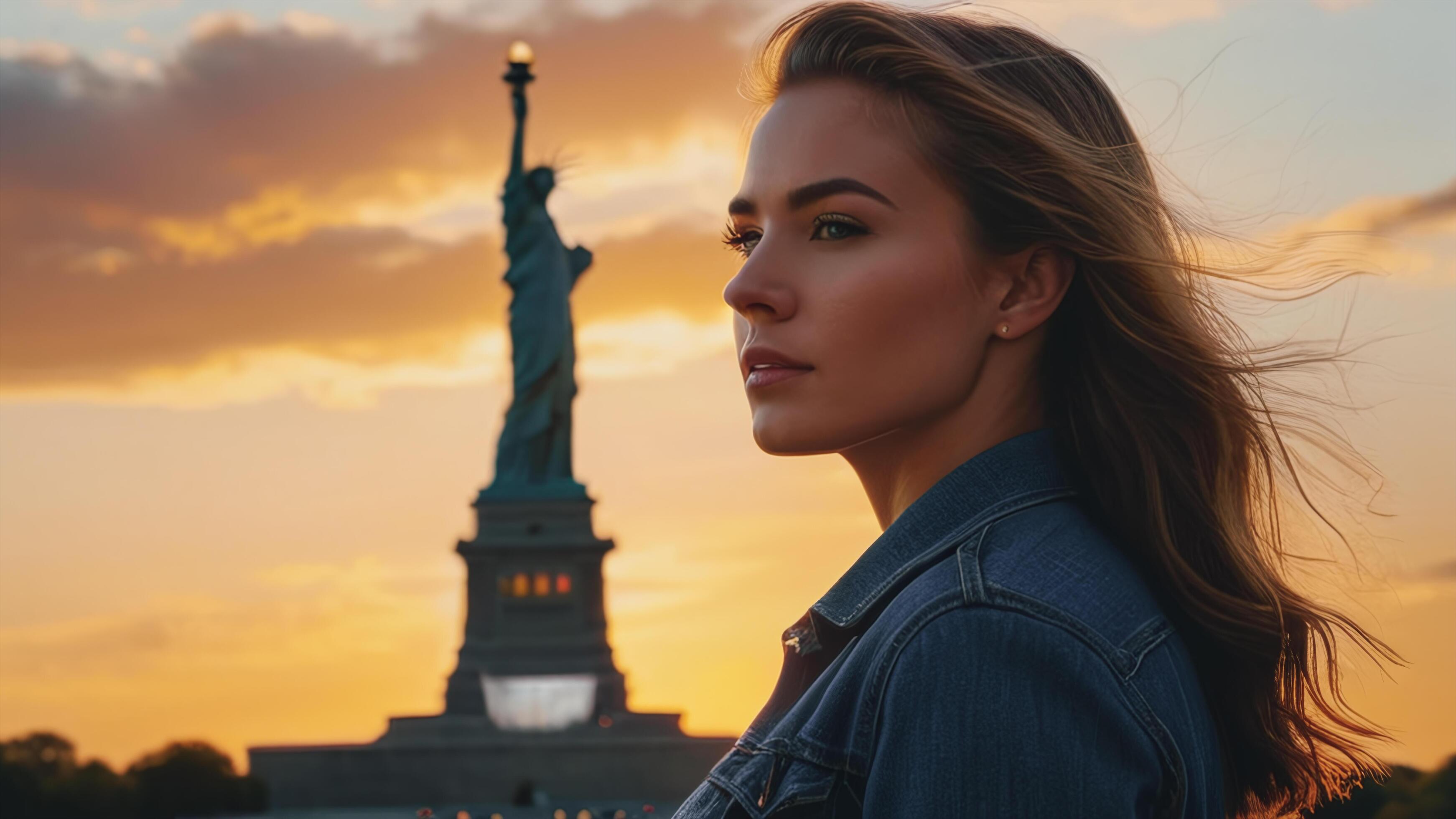 A woman stands in front of an American flag with the sun setting behind her. She is wearing a blue shirt and has her hair in a ponytail Stock Free