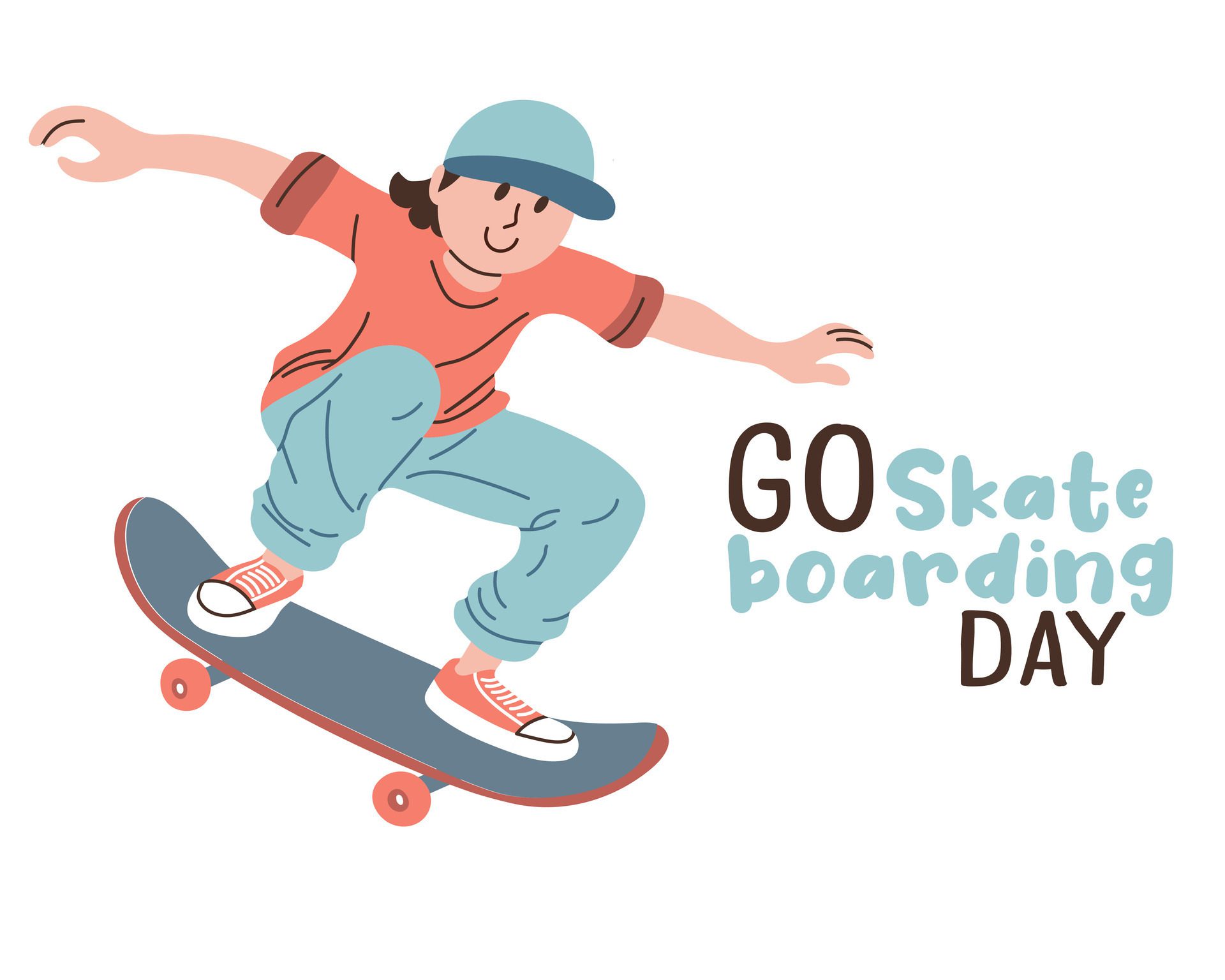 Go skateboarding day poster. Skateboarder on skate and lettering isolated on white background. June 21 international holiday banner. Flat design . Free Vector