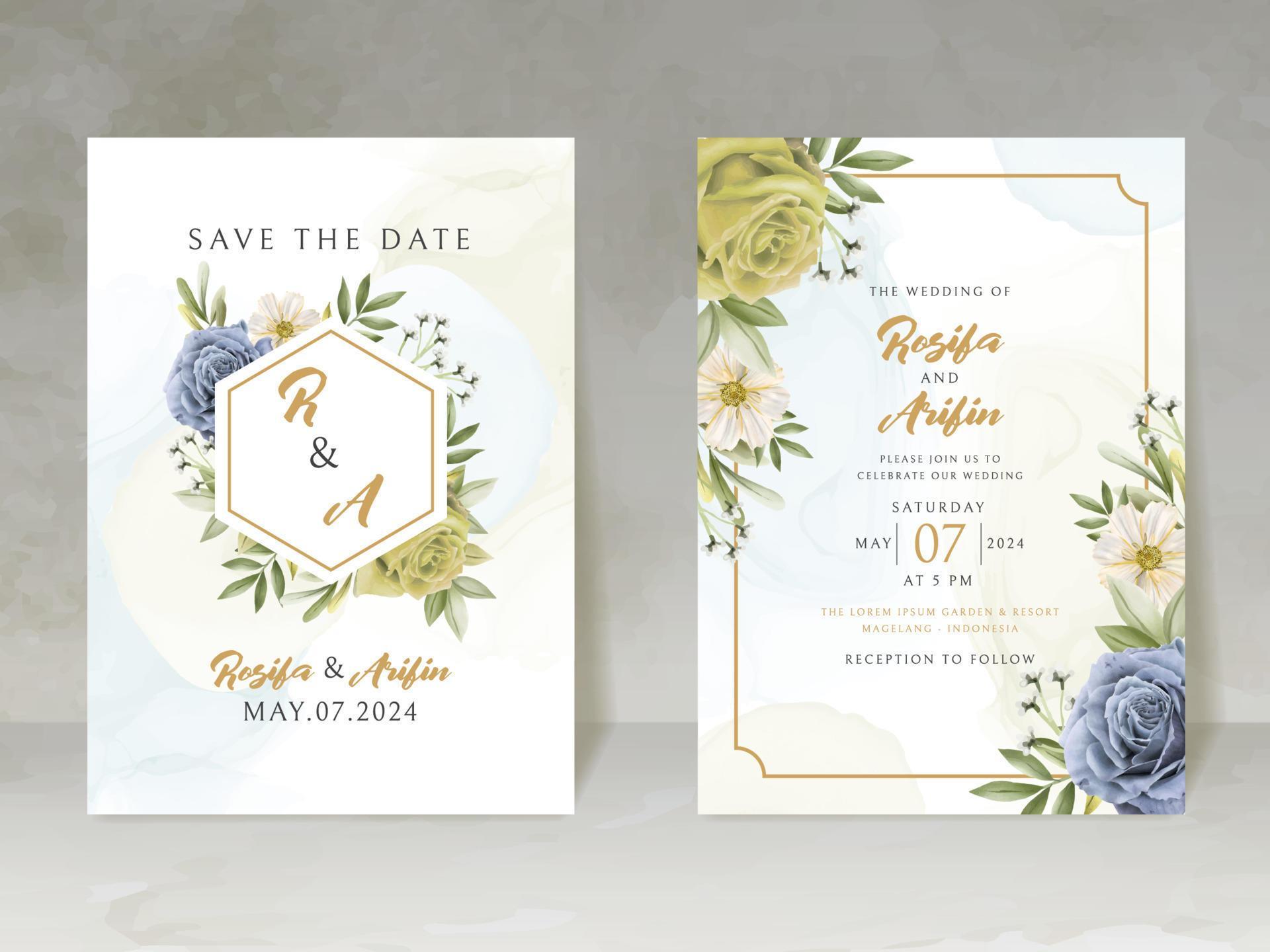 elegant wedding invitation card with blue and yellow flowers Stock Free