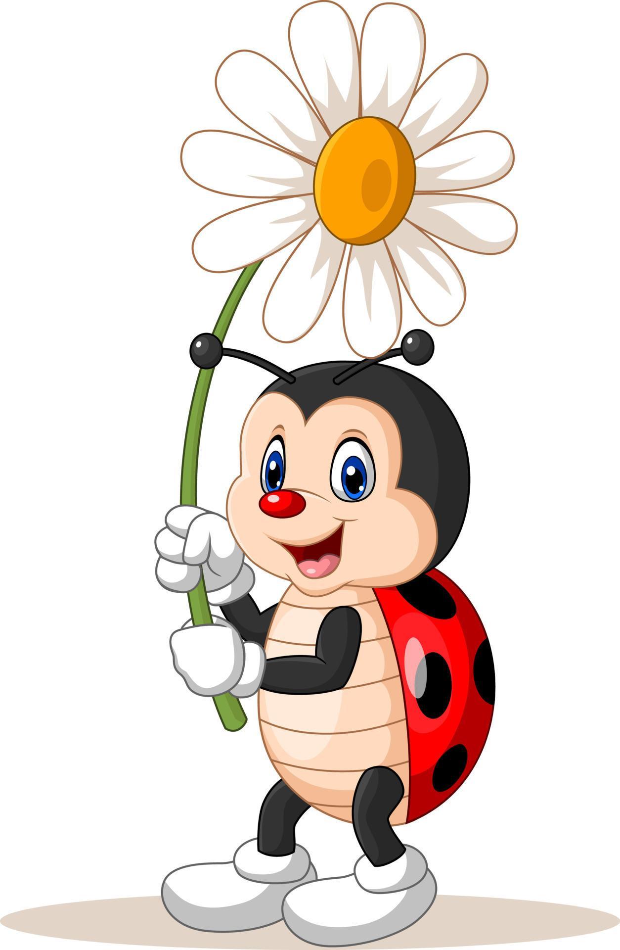 Cartoon cute ladybug holding flower Stock Free