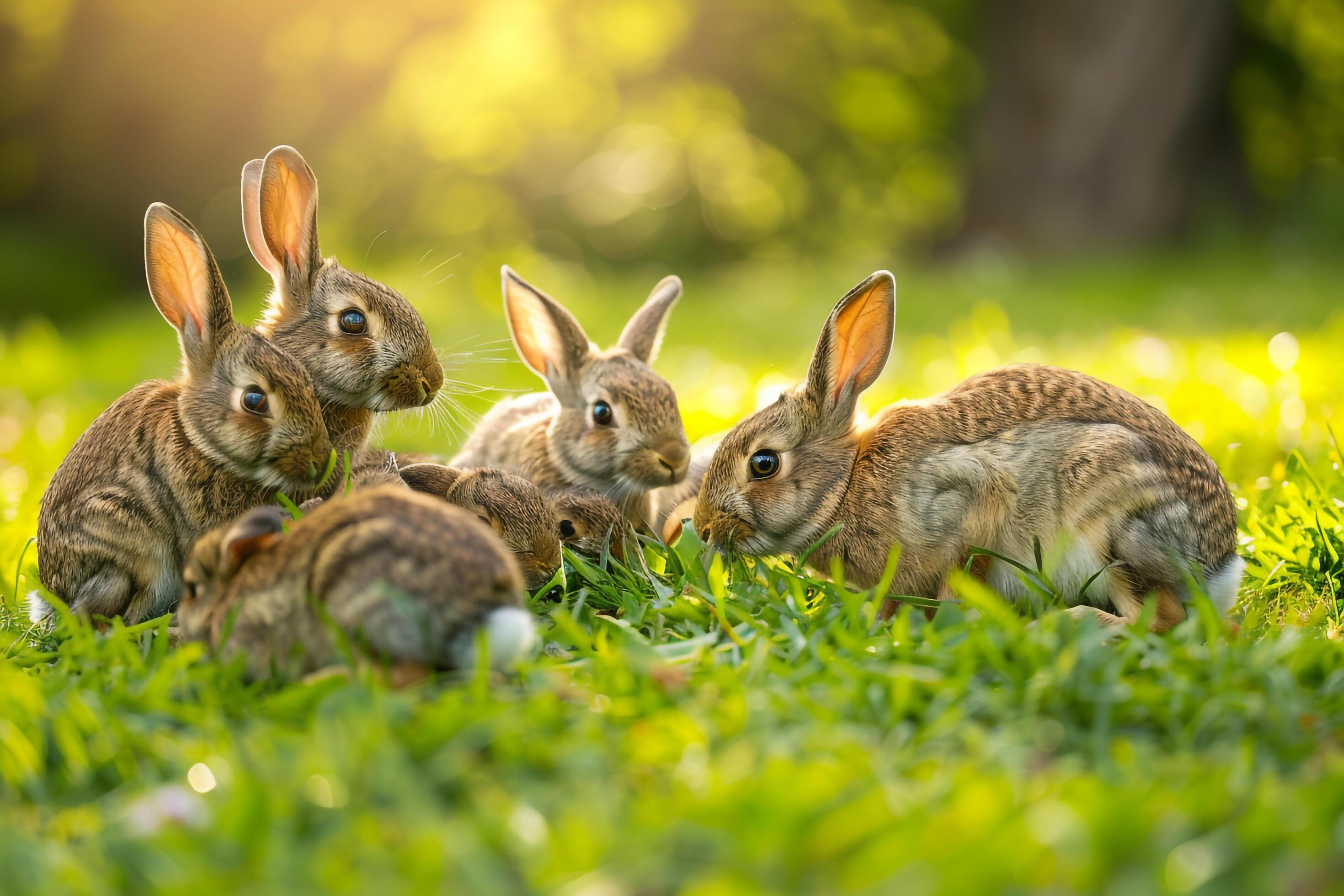 Family of Rabbits Nibbling on Fresh Green Grass in a Sunlit Meadow Nature Background Stock Free