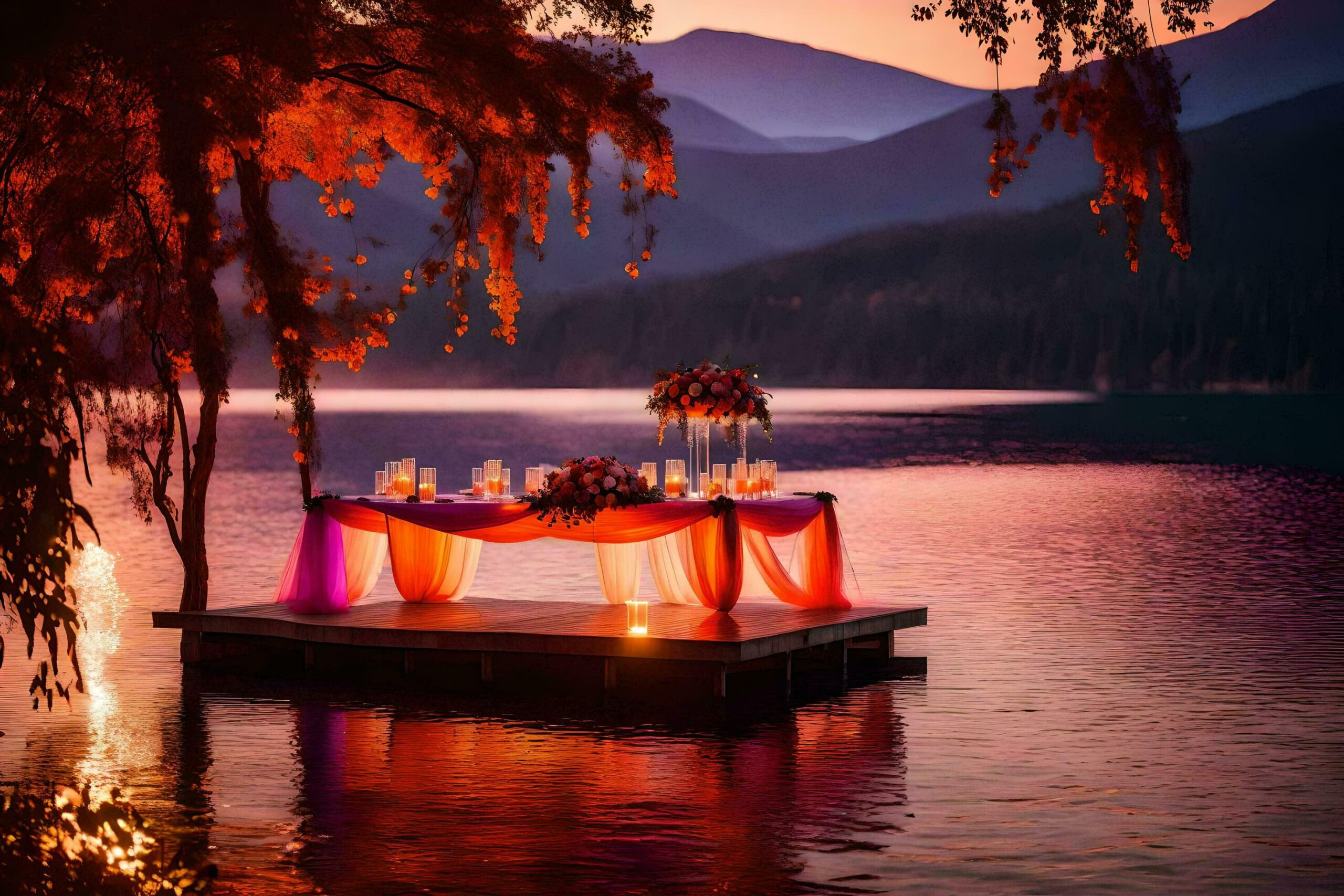 a table set up on a dock with a red tablecloth and candles Free Photo