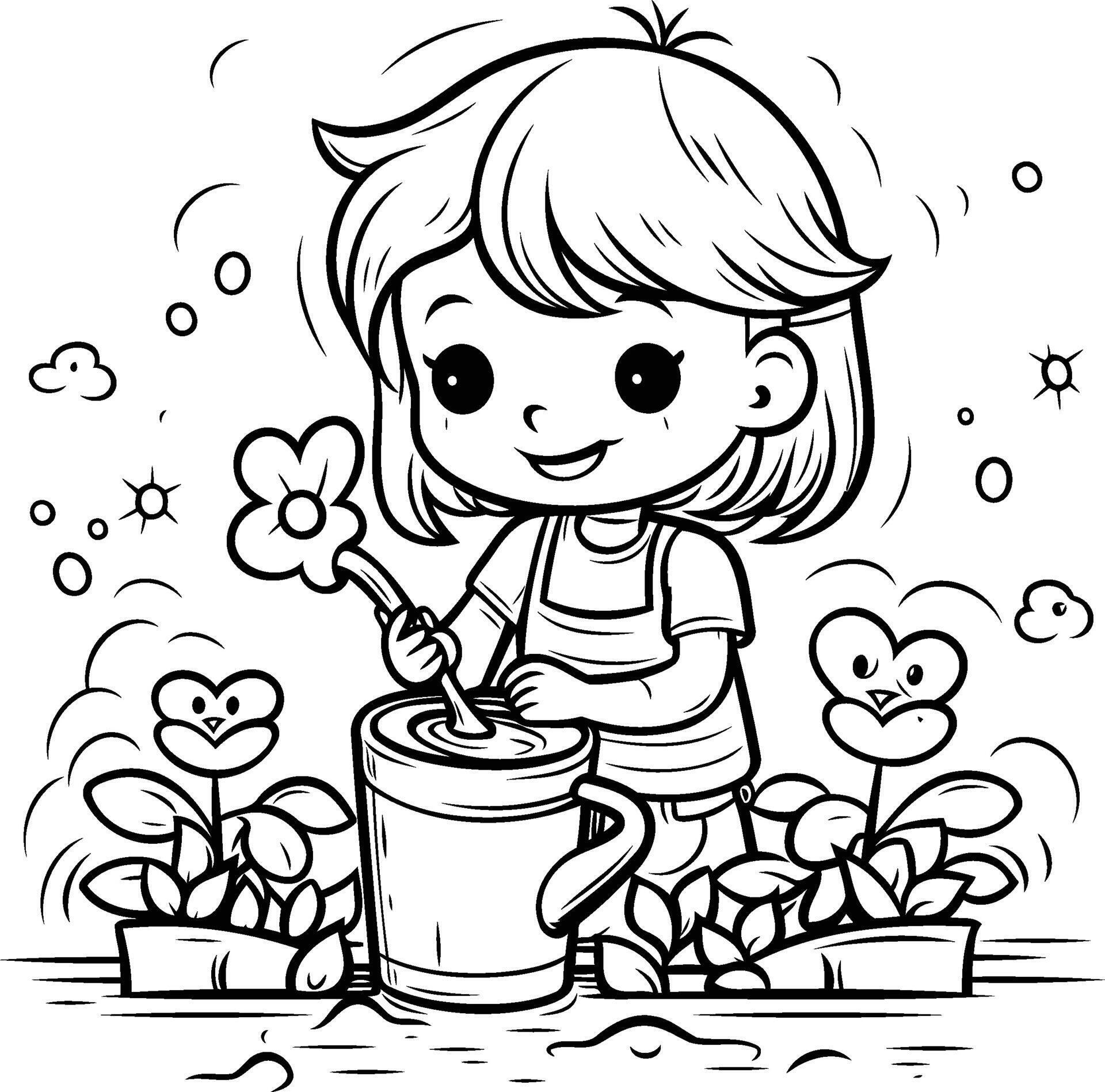 Little girl watering flowers. Coloring book for children. illustration. Stock Free