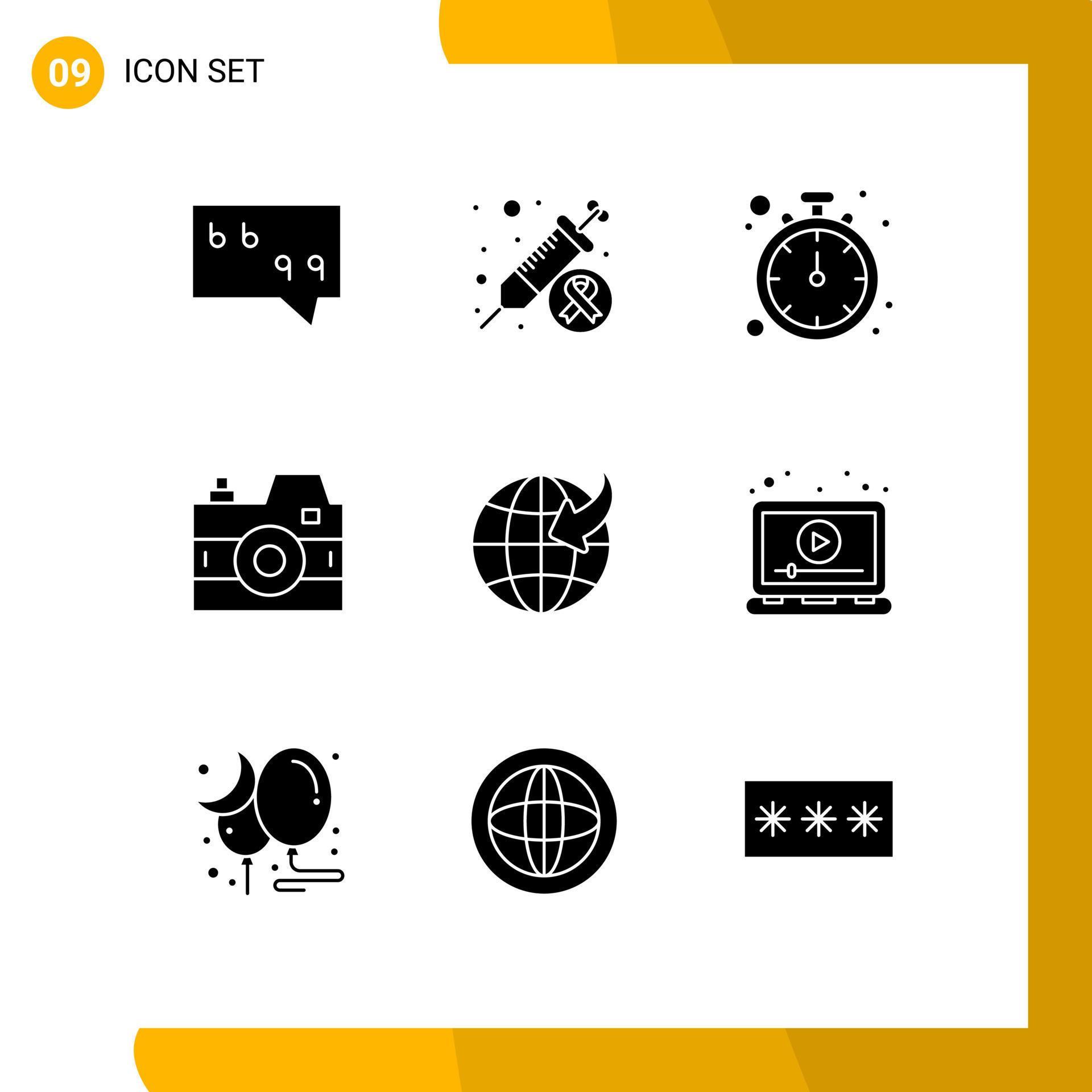 Pack of 9 Modern Solid Glyphs Signs and Symbols for Web Print Media such as travel arrow watch photography media Editable Vector Design Elements Stock Free