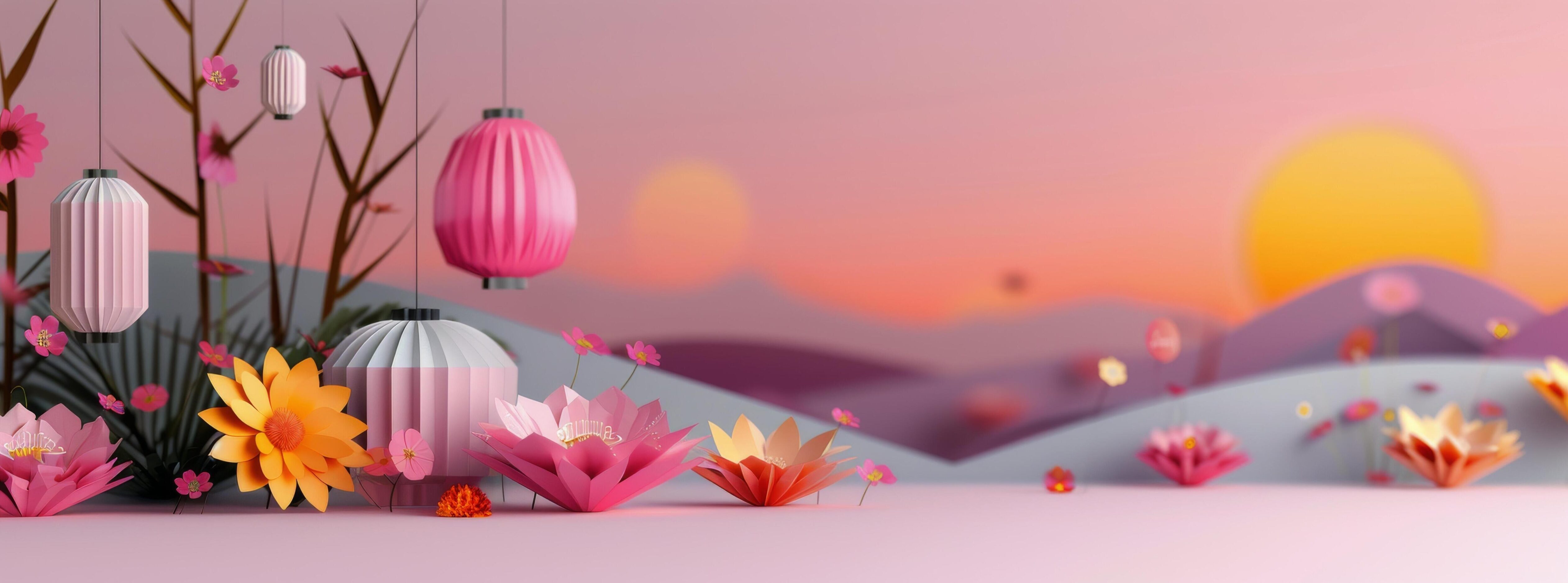 Colorful Paper Flowers and Lanterns Against a Sunset Background Stock Free