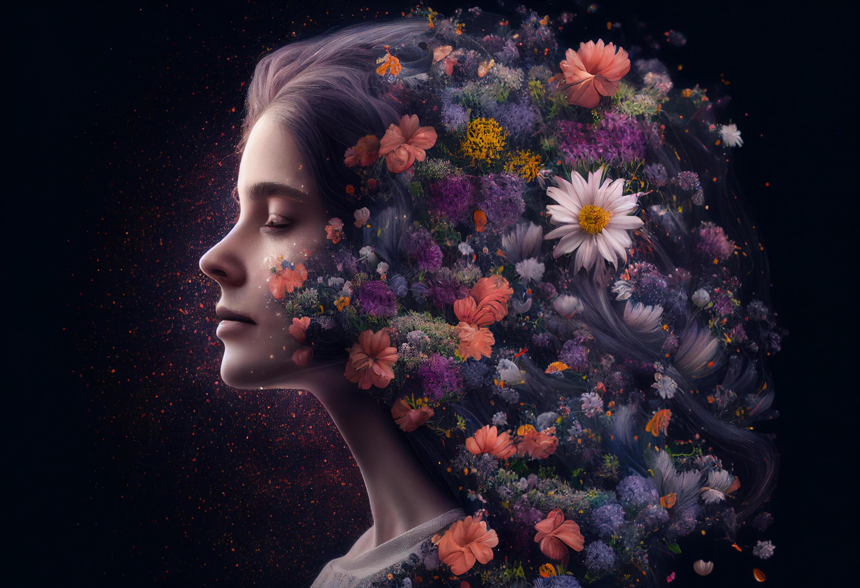 Portrait of beautiful young woman with flowers in her hair on dark background Stock Free