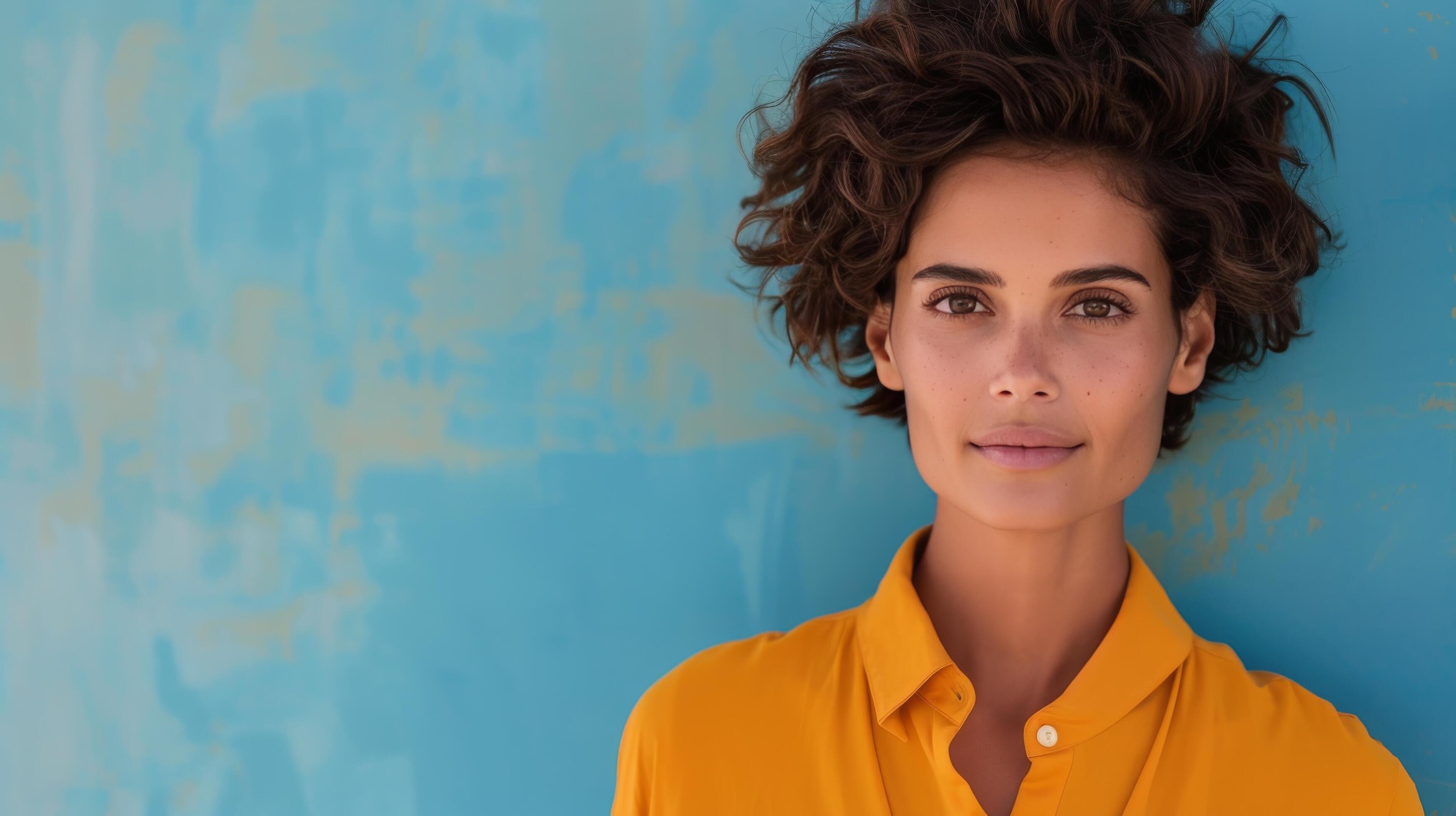 Smiling Woman in Yellow Shirt With Pink Headband Against Colorful Background Stock Free