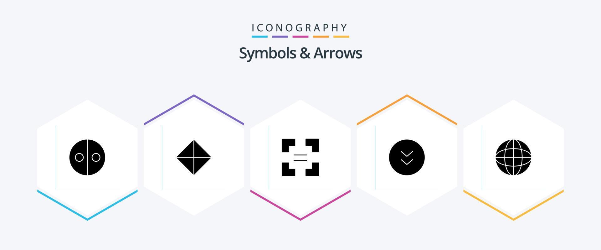 Symbols and Arrows 25 Glyph icon pack including worldwide. globe. full screen. download. circle Stock Free