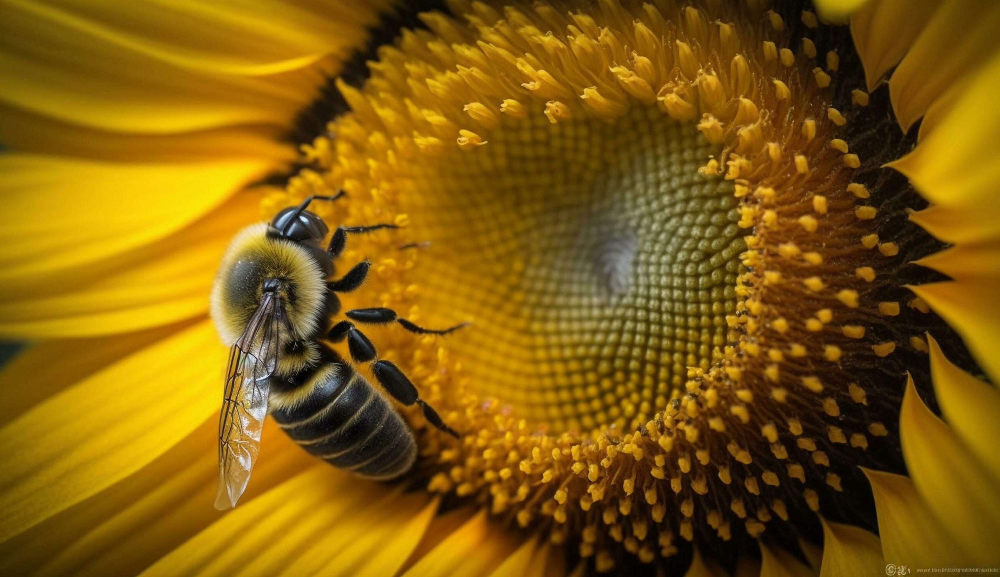 A single yellow flower buzzes with busy honey bees generated by AI Stock Free