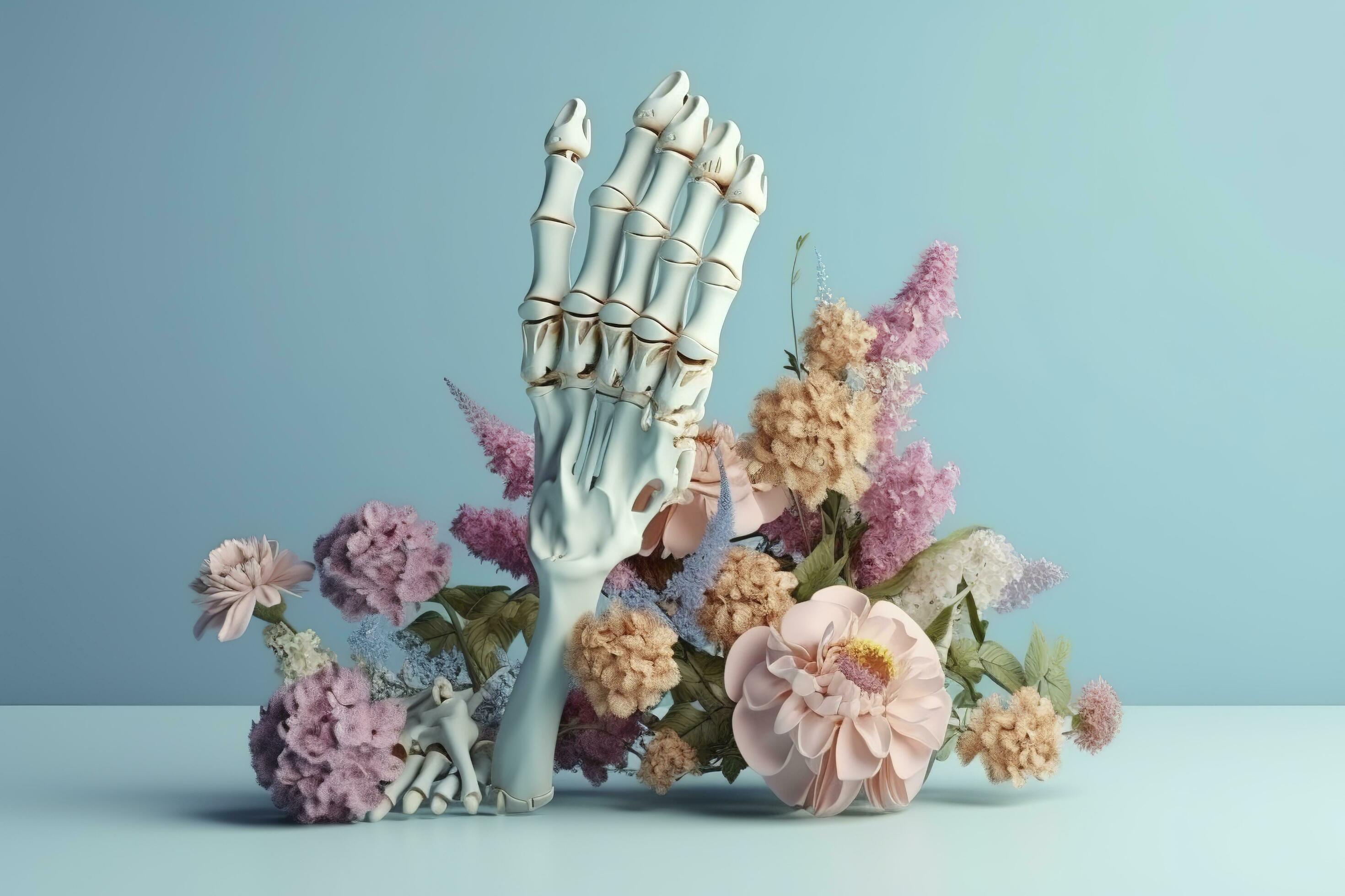 Human hand with flowers, pastel colors, on blue background, 3d render and illustration, generate ai Stock Free